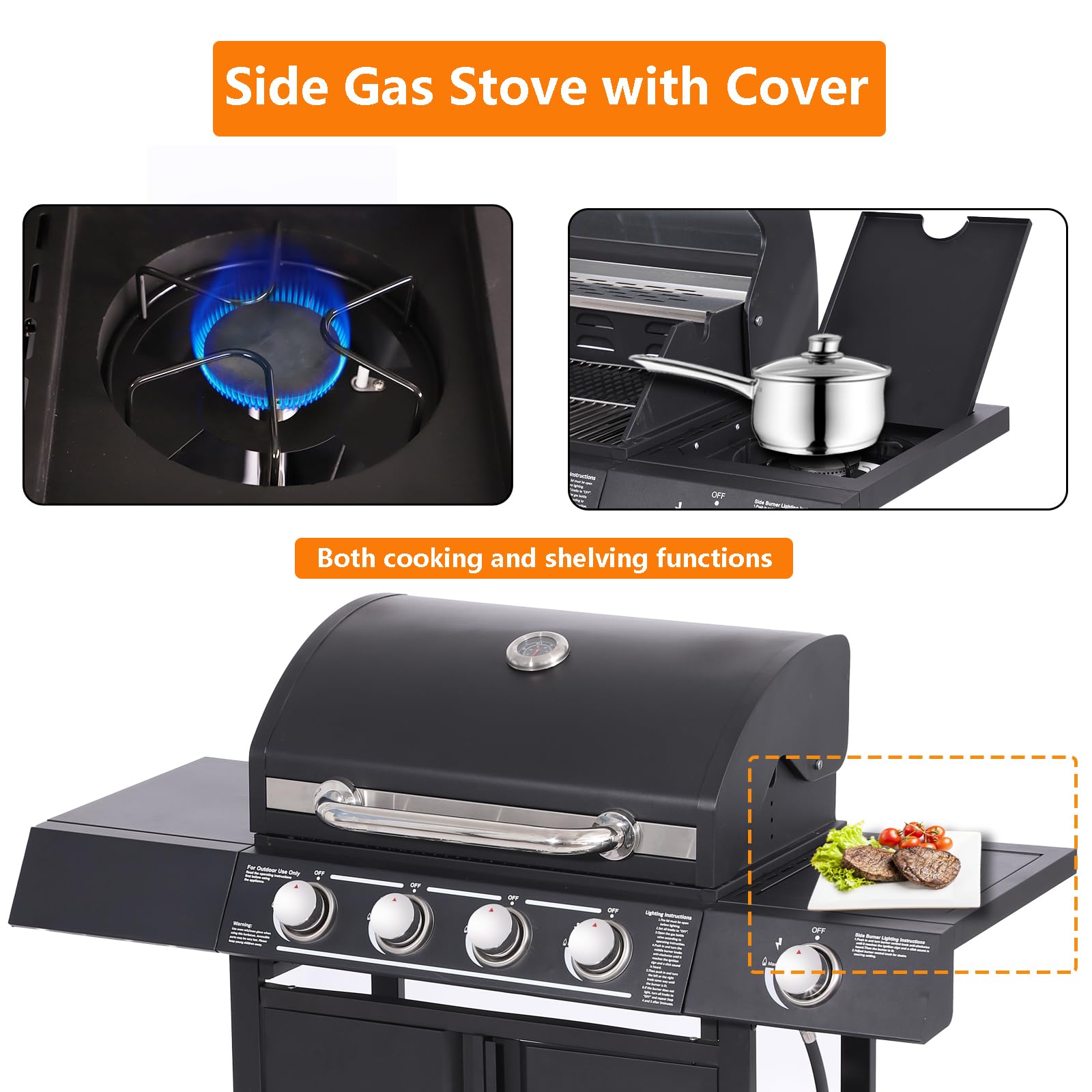 4-Burner Propane Gas BBQ Grill - High-Strength Cast Iron with Side Burner, 50,000 BTU Portable Outdoor Grill with 4 Wheels & 449 SQ.IN Cooking Area - Perfect for Backyard Barbecues, Camping Trips, Tailgating Parties and Family Gatherings