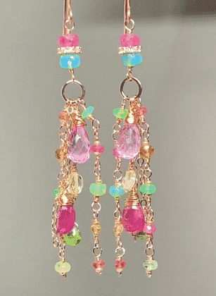 Elegant Pink Sapphire & Green Gemstone Rose Gold Long Dangle Earrings for Women | Perfect for Weddings, Parties & Special Occasions