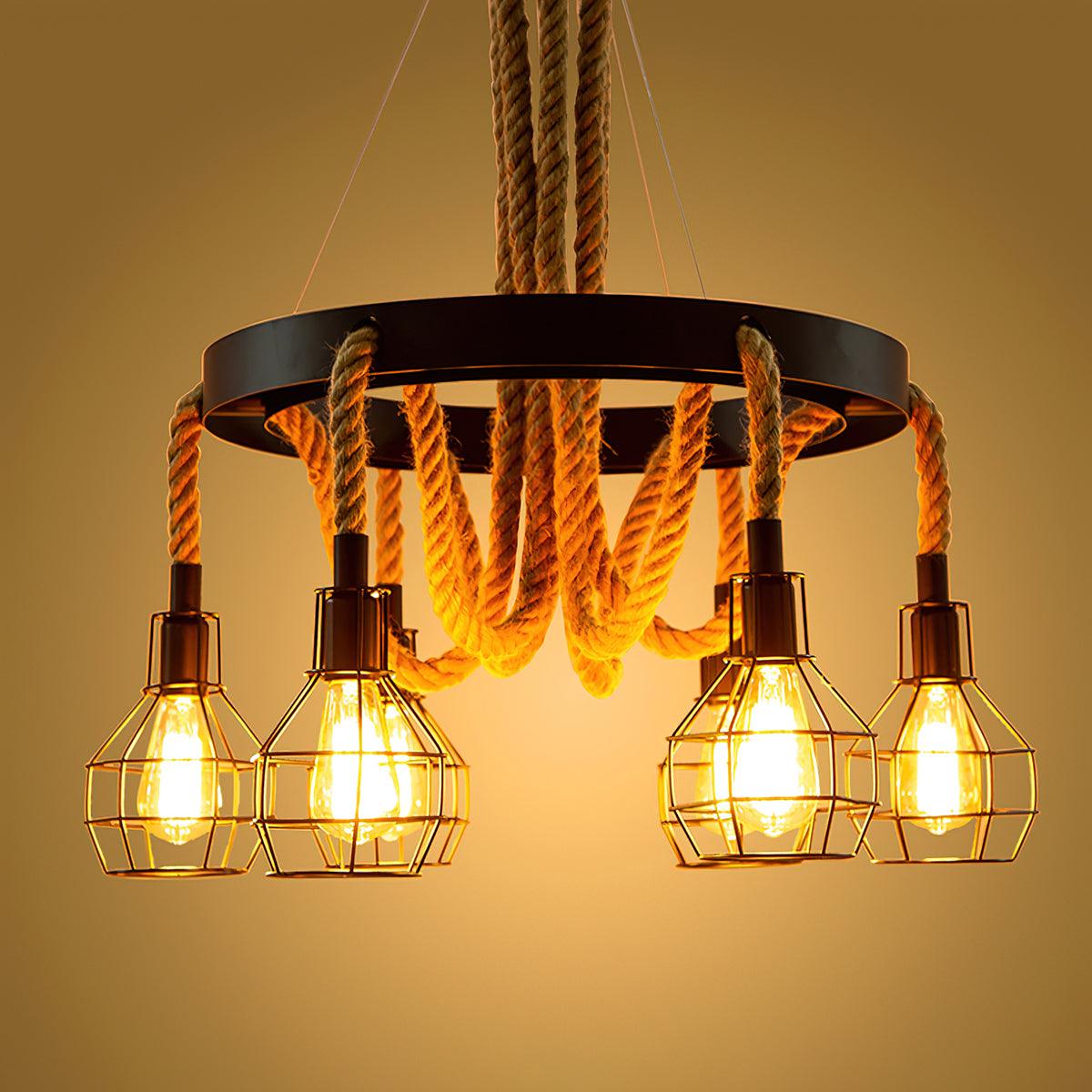 Premium Hemp Rope Industrial Starfall Chandelier - Handmade Boho Ceiling Light Fixture for Farmhouse, Loft & Restaurant Decor