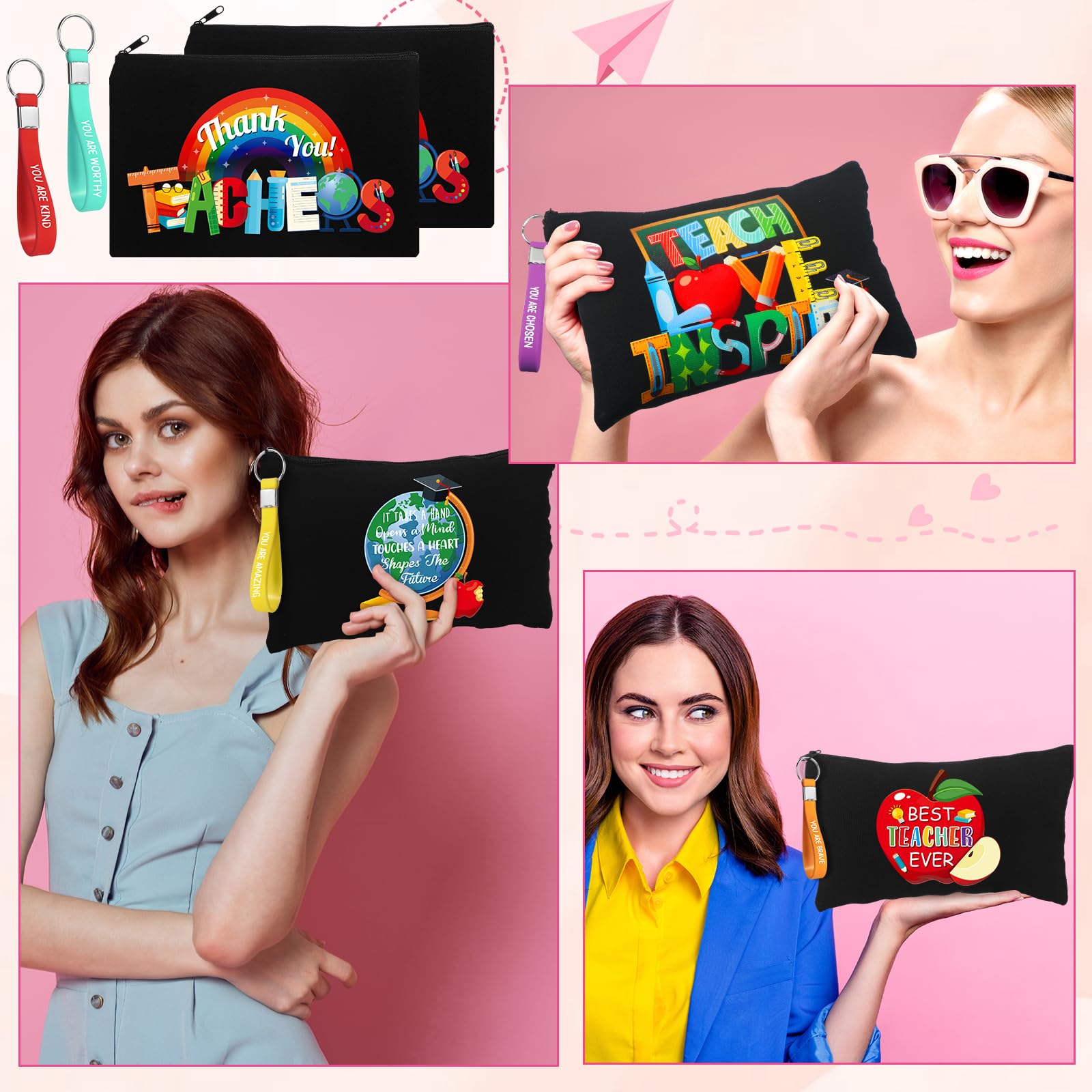 56 Pcs Teacher Appreciation Gift Set - 28 Inspirational Flax Cosmetic Bags & 28 Motivational Quote Keychains - Perfect for Teacher's Day, Graduation, Back to School - Bulk Thank You Gifts for Women Educators (Black) - Ideal for Classroom Rewards, Staff Recognition & Student Appreciation Events