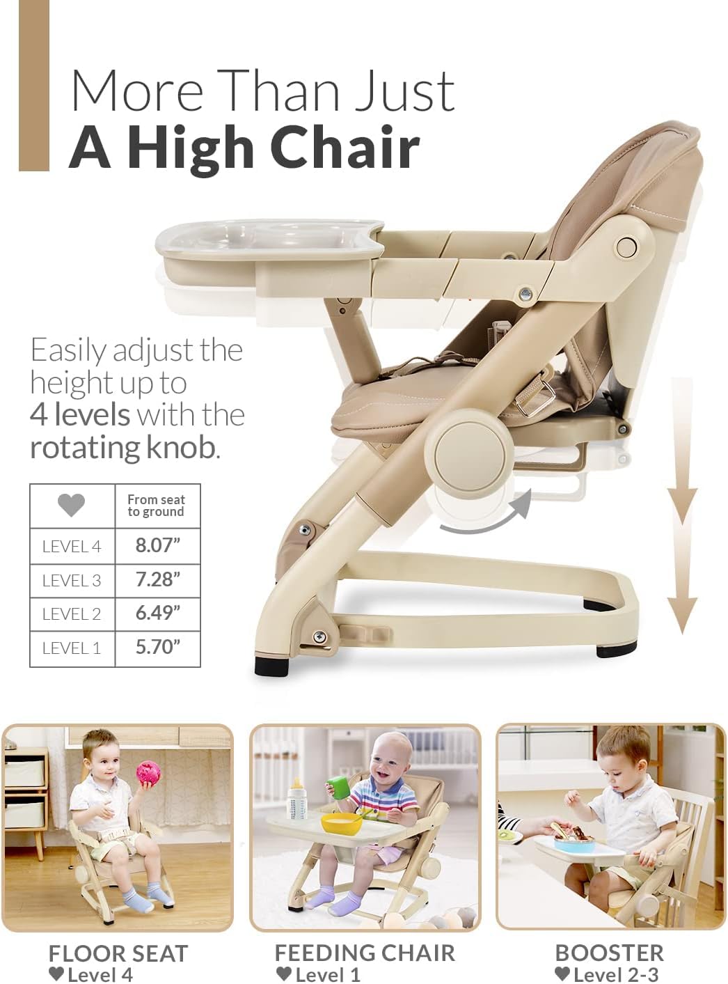 Voltz Toys Feed Me 3-in-1 Travel Booster Seat for Kids & Babies - Adjustable, Foldable, Portable High Chair with Safety Harness - Perfect for Dining, Travel & Outdoor Use (Tan)