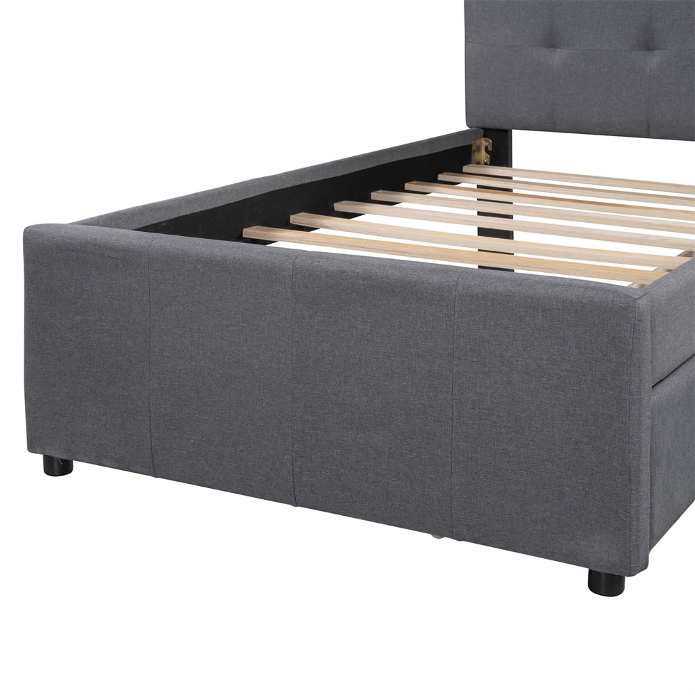Linen Upholstered Platform Bed Frame with Storage Drawers & Tufted Headboard - Solid Pine Wood Twin Size Bed for Small Spaces | Modern Bedroom Furniture for Apartments, Dorms & Guest Rooms