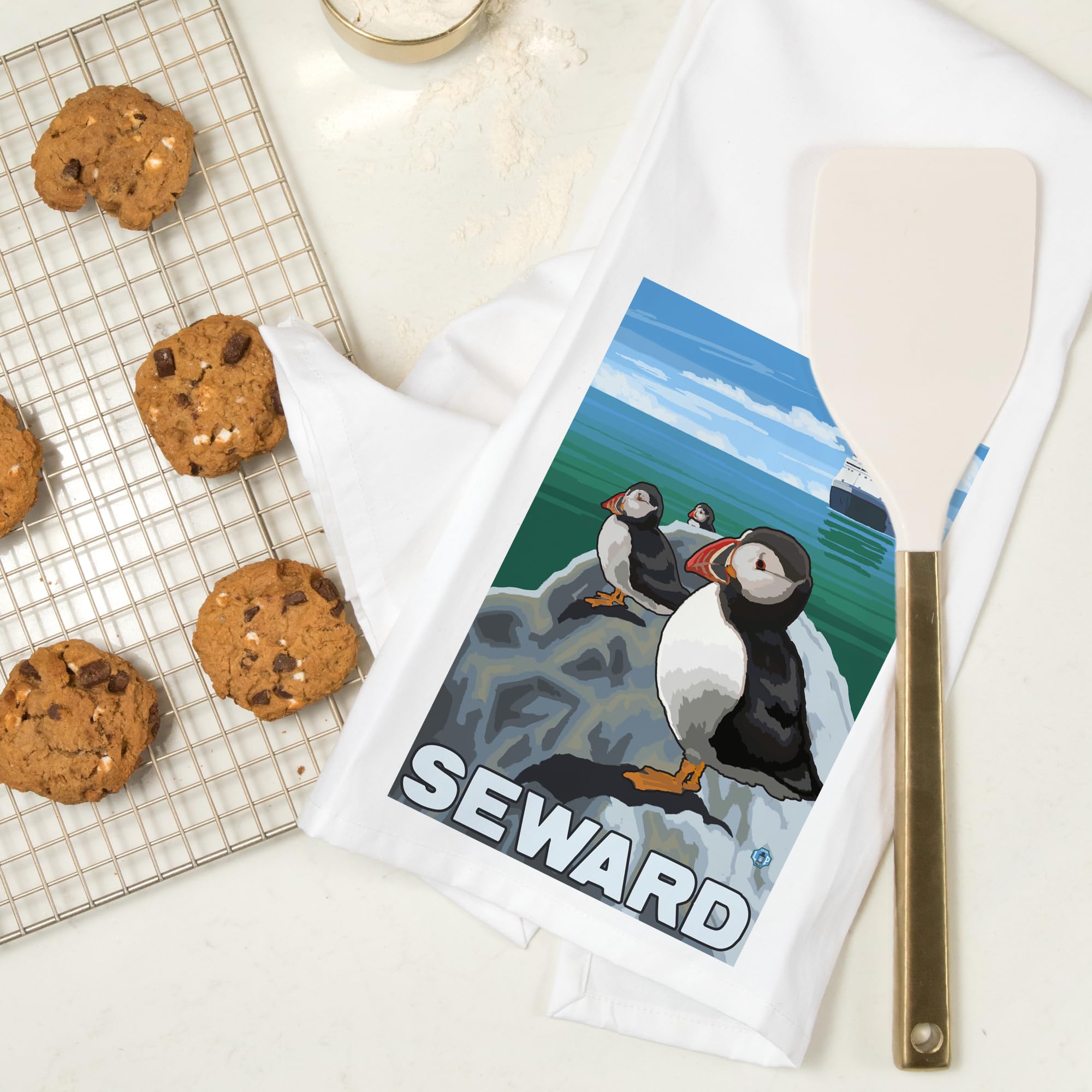 Lantern Press Puffins and Cruise Ship Seward Alaska - 100% Cotton Tea Towel, Decorative Hand Towel for Kitchen & Home - Perfect for Dish Drying, Gift Giving, and Coastal Decor