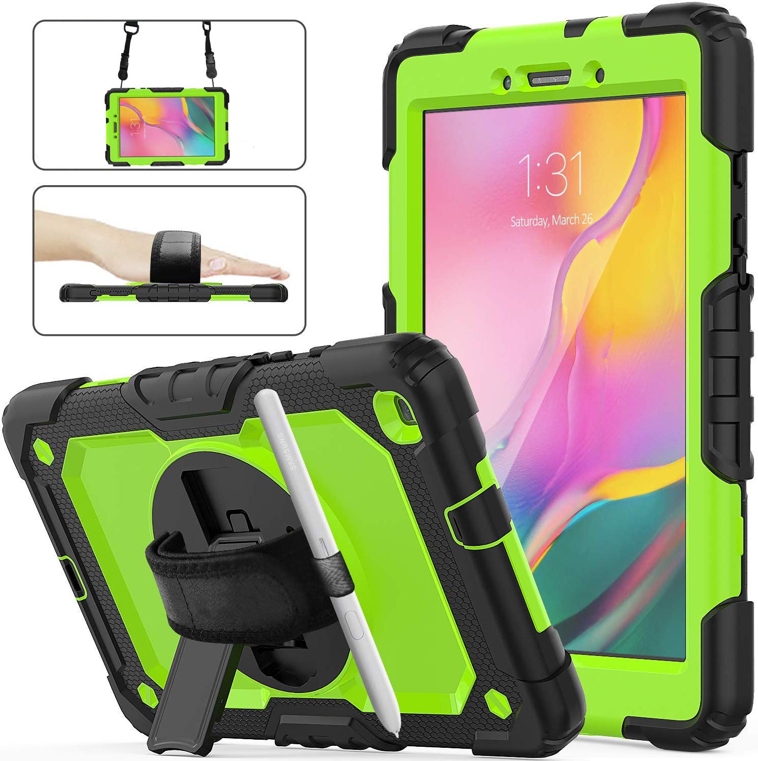 Samsung Galaxy Tab A 8.0 SM-T290/T295/T297 Rugged Protective Case with Built-in Stand, Screen Protector & Pencil Holder - Heavy Duty Shockproof Cover with Hand Strap for Kids, Travel & Outdoor Use (Green)