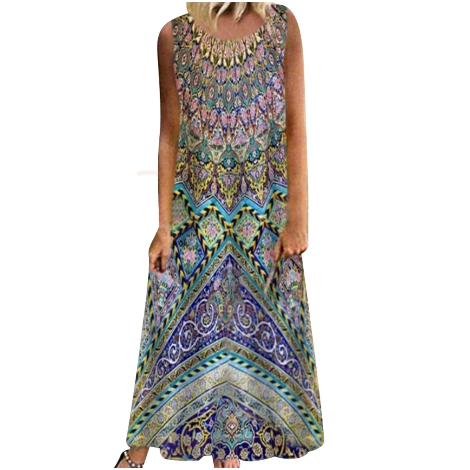 Vintage Floral Print Women's Maxi Dress - Round Neck Sleeveless Tank Midi Dress for Summer, Loose & Comfortable Casual Wear - Perfect for Beach, Vacation and Outdoor Activities