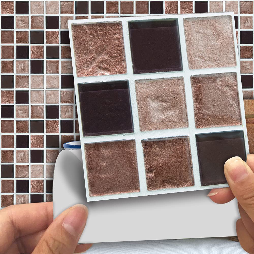 18-Piece Matte Brown Mosaic Tile Stickers - Peel and Stick Wall Decals for TV Background, Kitchen Backsplash & Bathroom Decor - Waterproof 3D Wall Stickers for Home Renovation