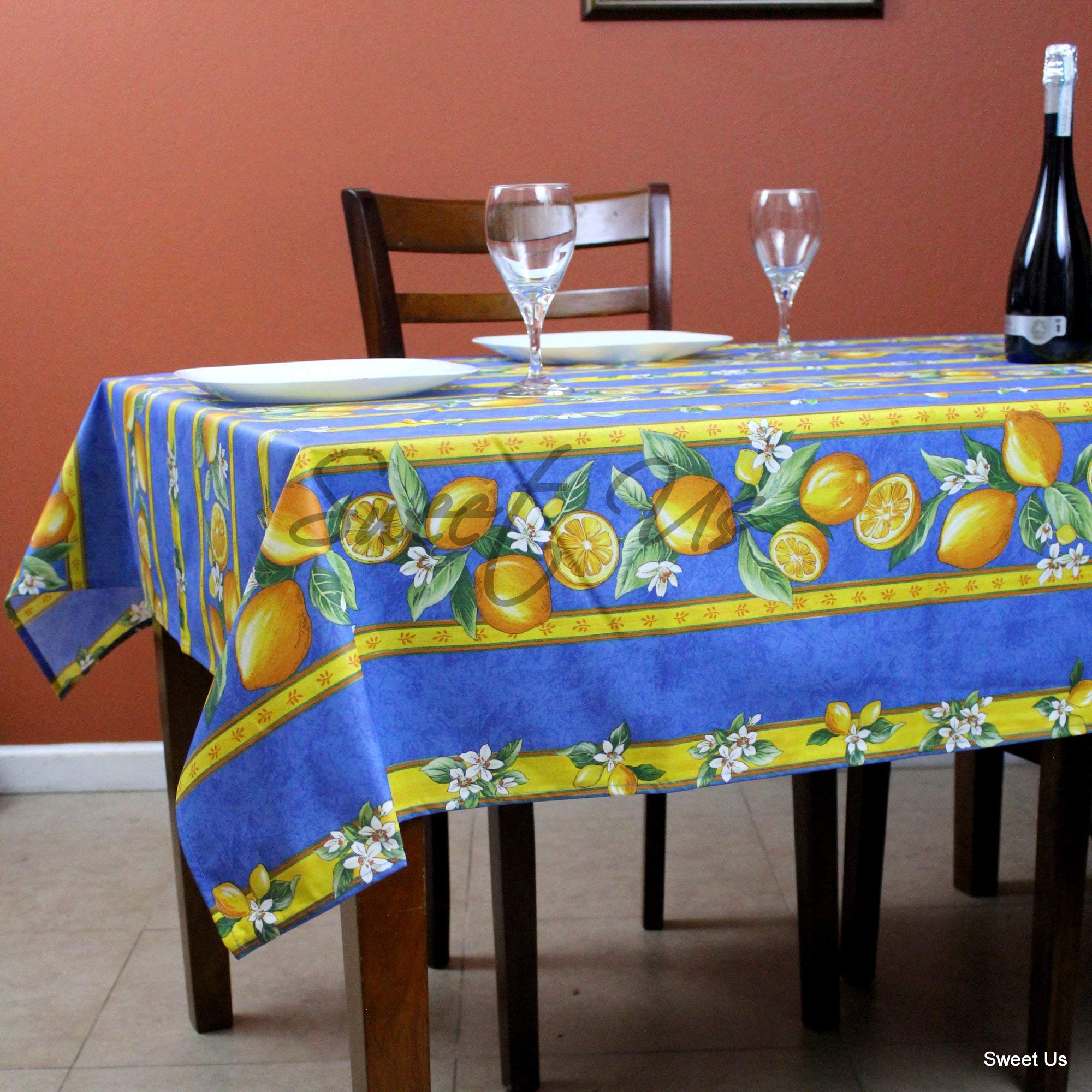 La Cigale Citron Wipeable Spill-Resistant Acrylic Coated Floral Cotton French Provencal Tablecloth - 60x78 Inch Blue - Perfect for Indoor Dining & Outdoor Picnics