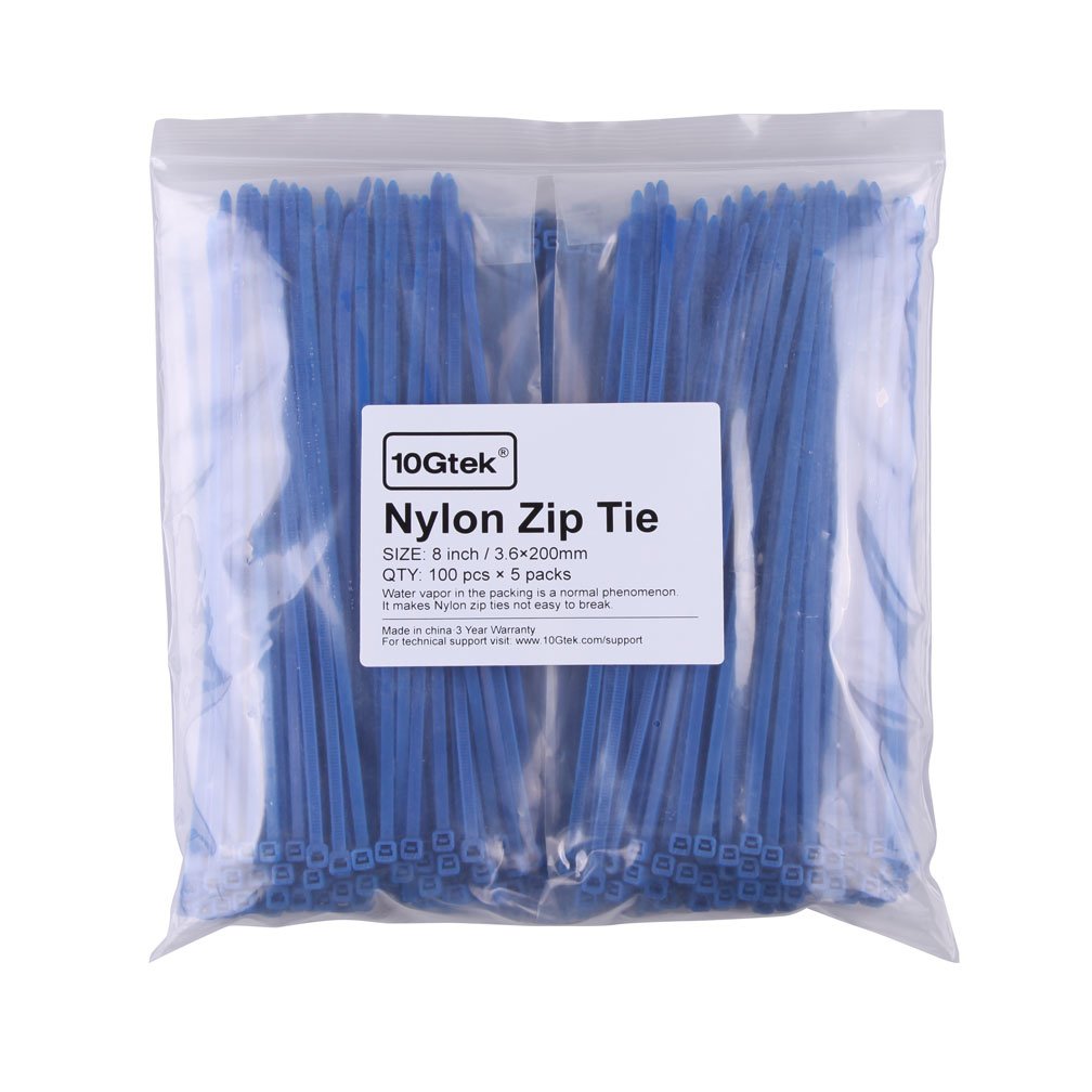 10Gtek 500-Pack 8-Inch Blue Nylon Self-Locking Cable Ties - Heavy Duty Zip Ties for Wire Management, Organizing Cables, Home Office & Industrial Use