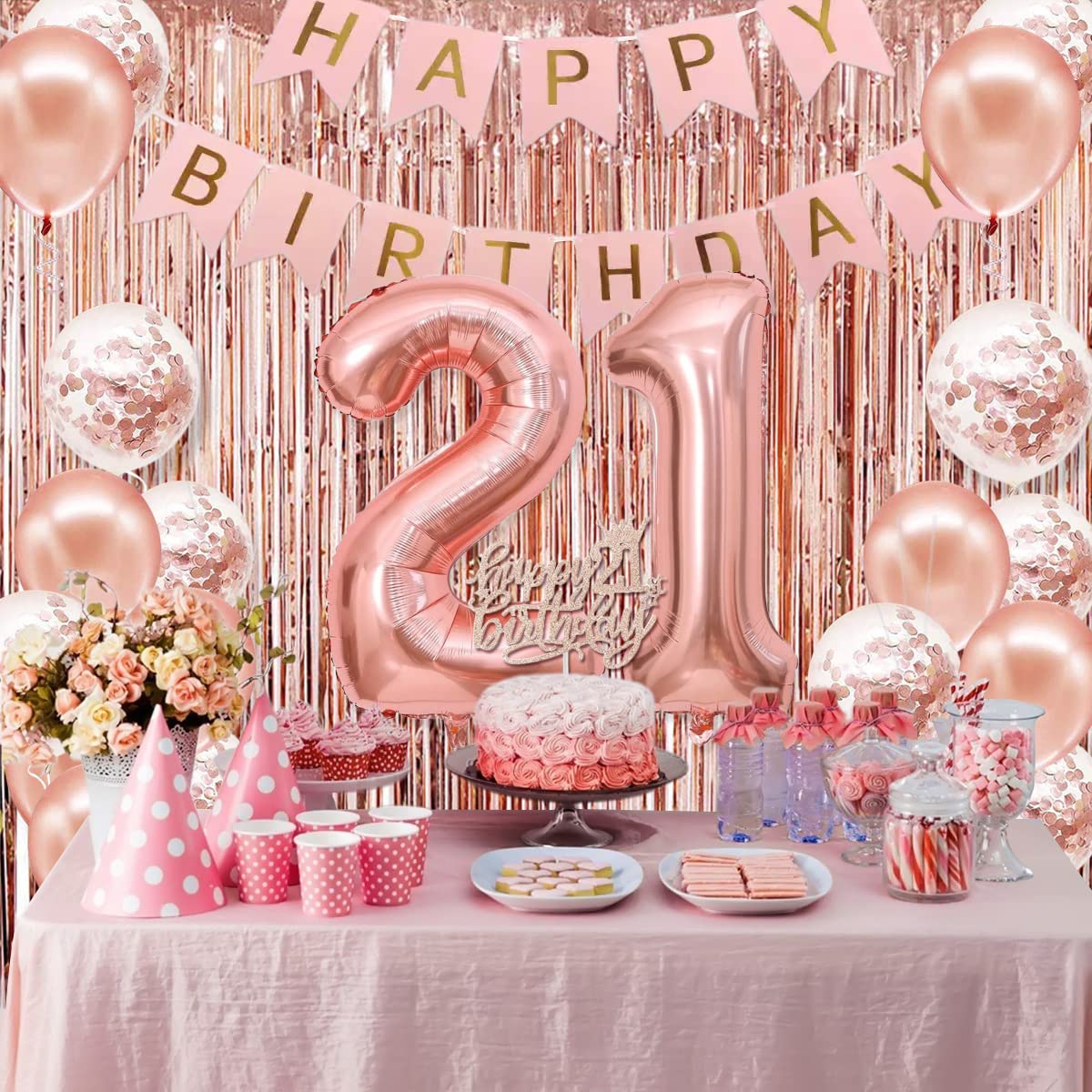 21st Birthday Party Decorations for Women - Rose Gold Banner, Crown, Sash, Cake Topper & Balloons Set | Perfect for 21st Birthday Celebrations, Milestone Parties & Girls' Night Decor