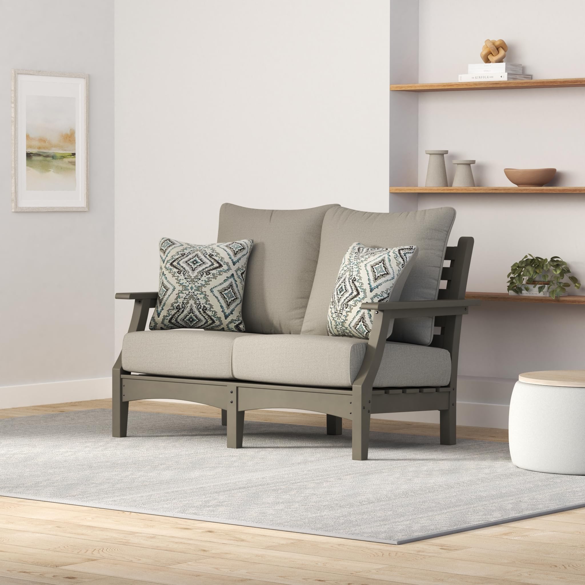 **Signature Design by Ashley Visola Patio Loveseat - HDPE Outdoor Furniture with Nuvella Throw Pillows, Gray - Perfect for Backyard, Garden & Poolside Relaxation**