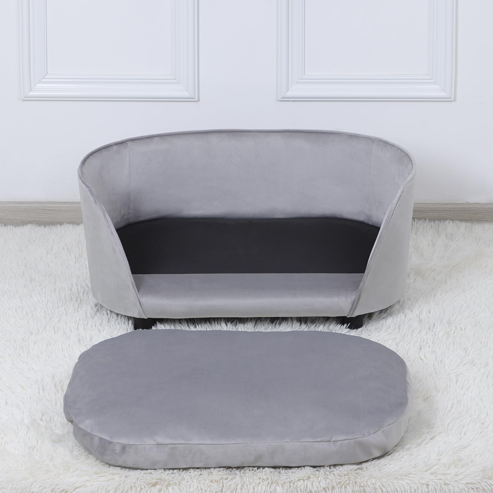 Premium Wooden Pet Sofa Bed - Washable Velvet Couch for Small Dogs & Cats - Cozy Pet Bed with Removable Cushion & Sturdy Frame (Grey) - Perfect for Living Room, Bedroom or Pet Corner