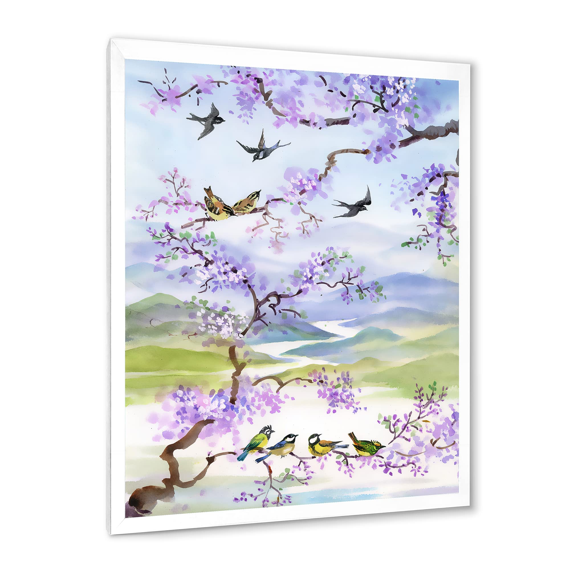 DesignQ Traditional Framed Wall Art - Cherry Blossom Birds Painting, Home Decor for Living Room, Bedroom & Office