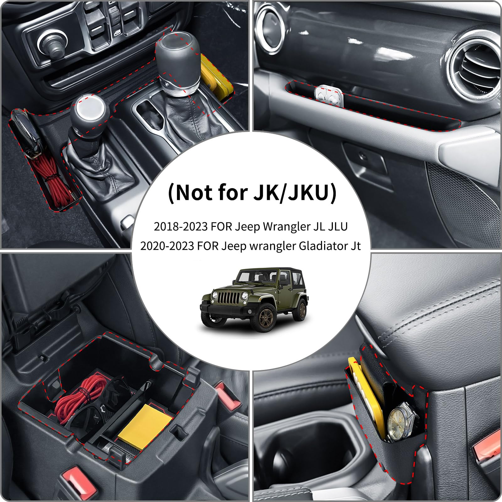 4PCS Jeep Wrangler JL JLU & Gladiator JT Center Console Organizer Set (2018-2023 Models) - Gear Shift Tray, Hanging Storage Box, Co-Pilot Organizer & Armrest Storage | Perfect for Road Trips, Off-Roading & Daily Commuting