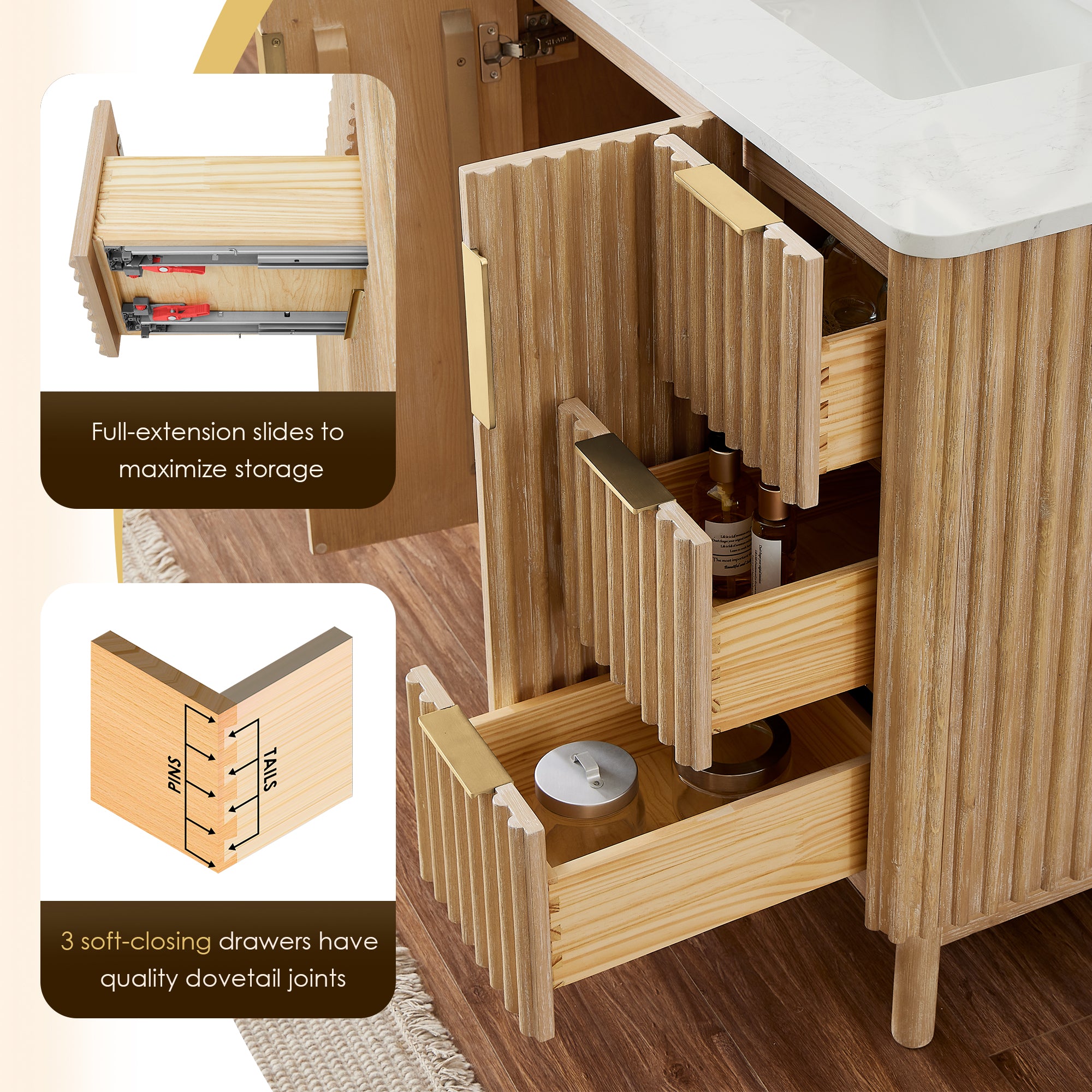Sierra 36 Inch Single Bathroom Vanity Set in Washed Light Brown - Engineered Stone Countertop, Soft Close Drawers & Ceramic Sink - Perfect for Small Bathrooms, Powder Rooms & Guest Baths