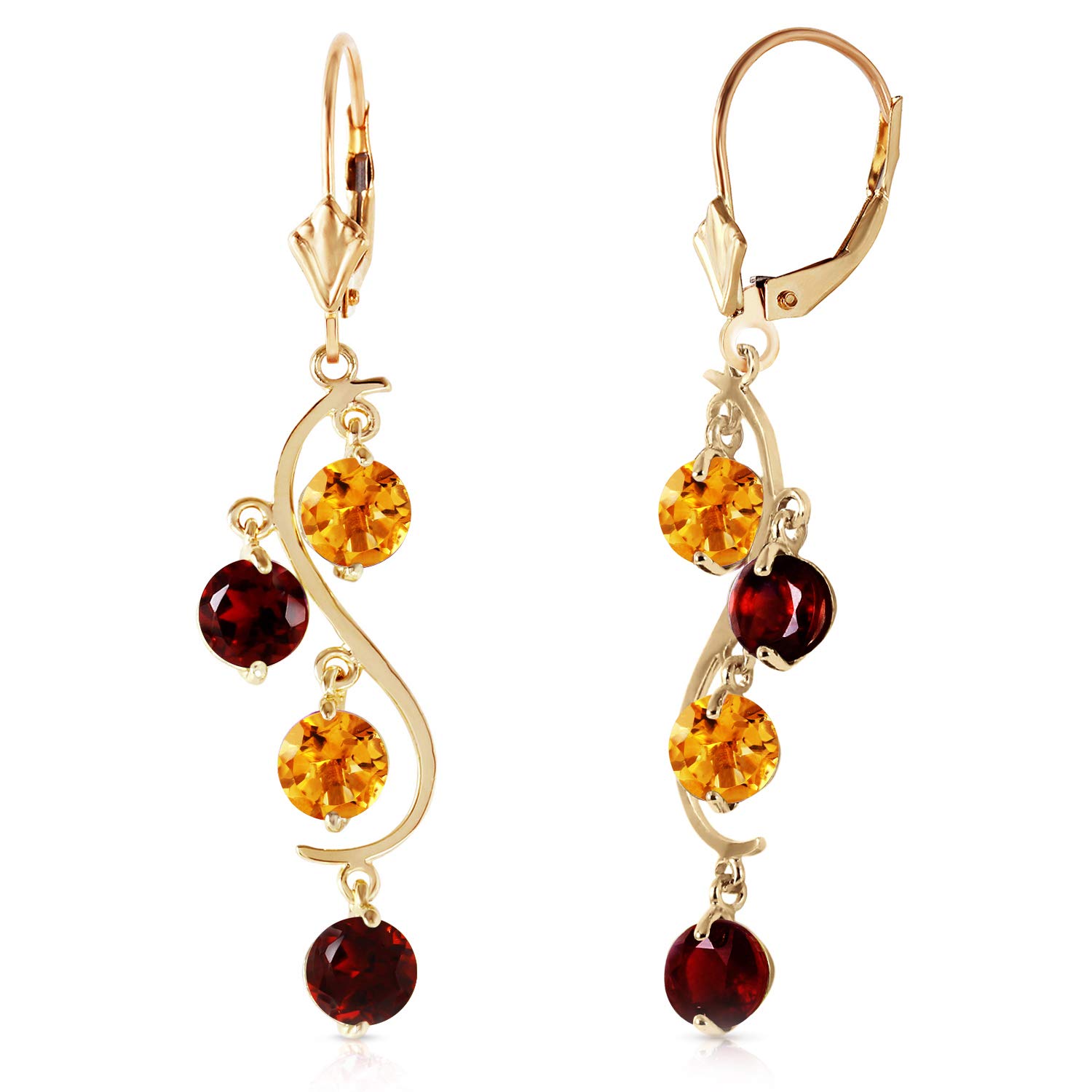 14K Yellow Gold Chandelier Earrings with Garnet & Citrine Gemstones - Elegant Dangling Earrings for Women, Perfect for Weddings, Parties & Special Occasions