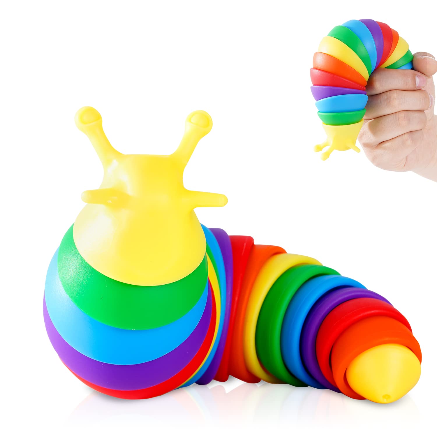 Sensory Slug Fidget Toy for Kids & Adults - 3D Articulated Stress Relief Toy for Autism, ADHD, Anxiety - Cute Rainbow Yellow Head Slug - Perfect for Classroom, Office & Travel Use