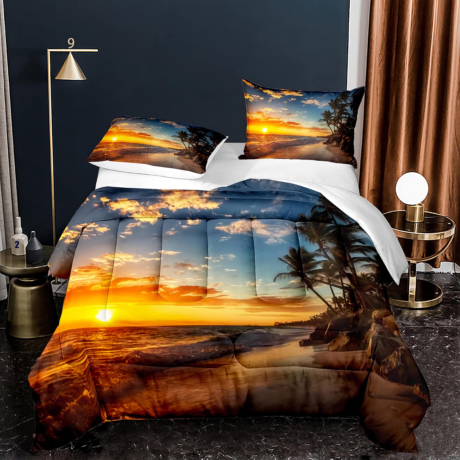 King Size Coastal Ocean Comforter Set - 3 Piece Hawaiian Sunset Palm Tree Bedding with 1 Comforter & 2 Pillow Shams | Perfect for Beach House, Tropical Bedroom Decor & Vacation Home Styling
