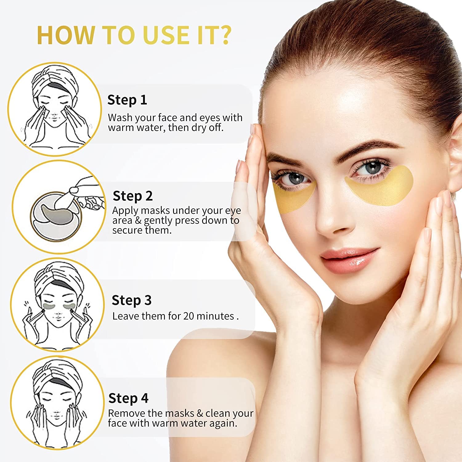 24K Gold Under Eye Patches - 30 Pairs for Puffy Eyes & Dark Circles Treatment - Reduce Eye Bags & Wrinkles - Collagen Infused Eye Care Pads for Brightening & Hydration - Perfect for Night Routine & Travel Skincare