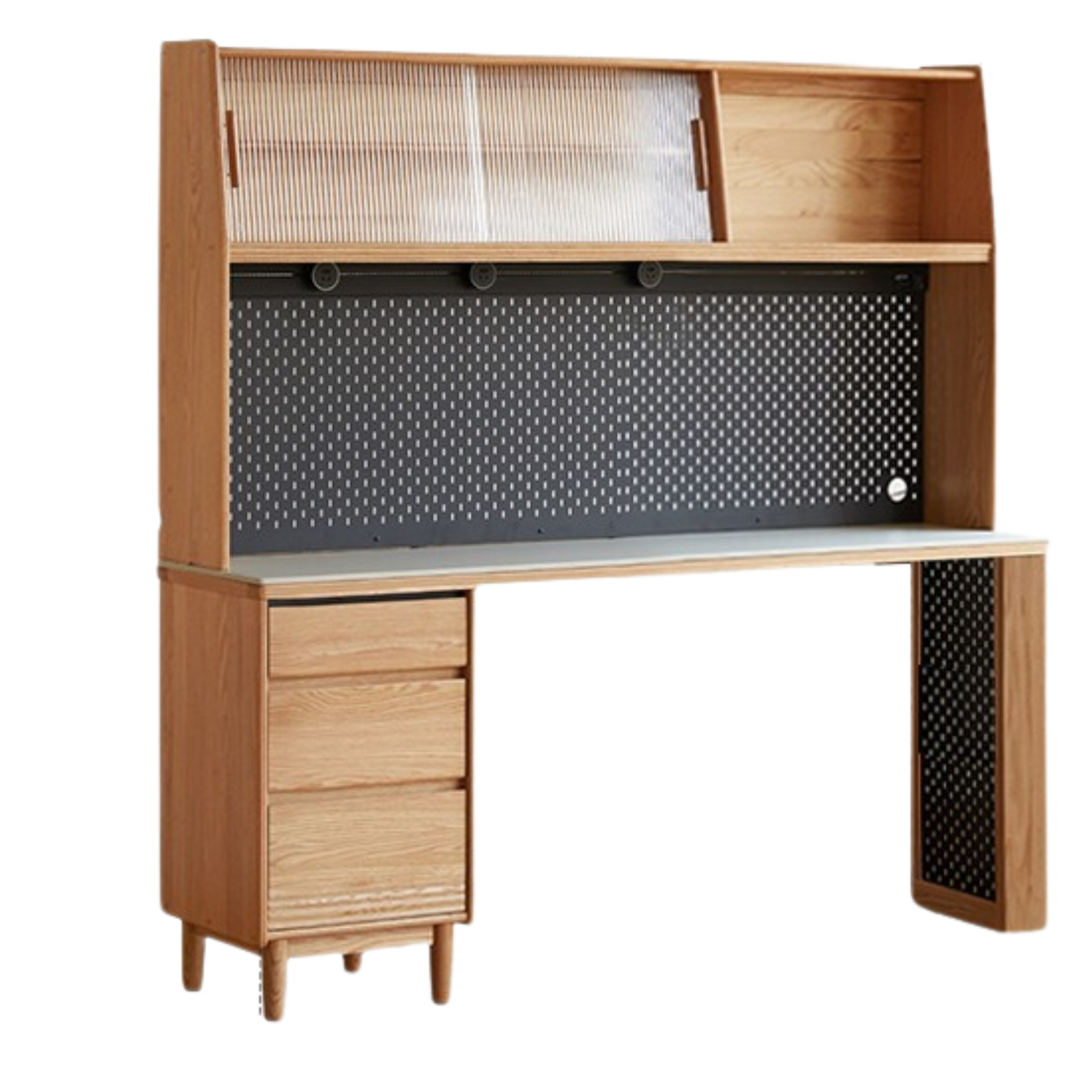 59.1x17.7x73.4 inch / 150.4x45x186.5 cm / Natural wood color / Oak white rock board sideboard + upper shelf + bull rail