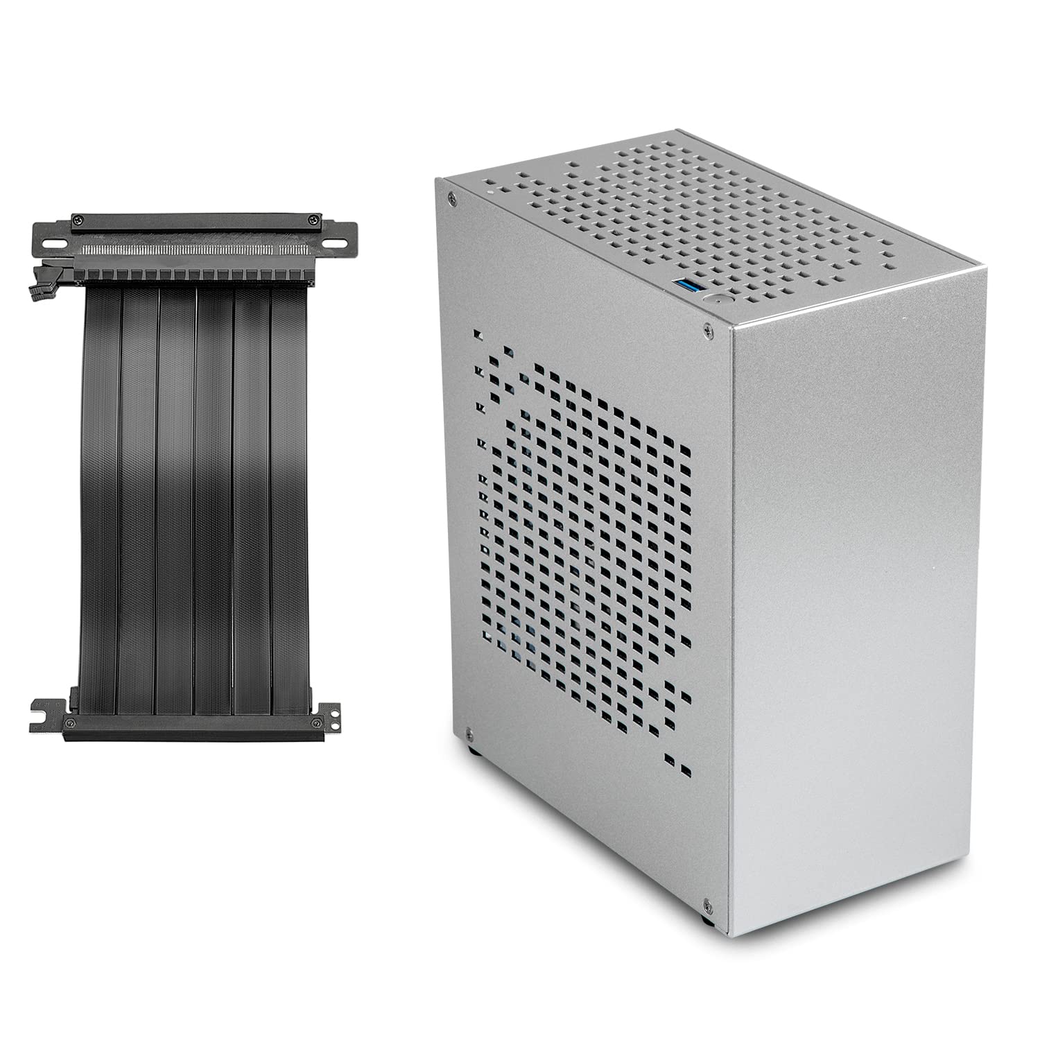 JOYJOM Aluminum Mini ITX PC Case - Compact SFF Gaming Case with PCIe Riser, Supports GPU Graphics Card (Silver) - Perfect for Small Space Gaming Setups & Home Theater PCs