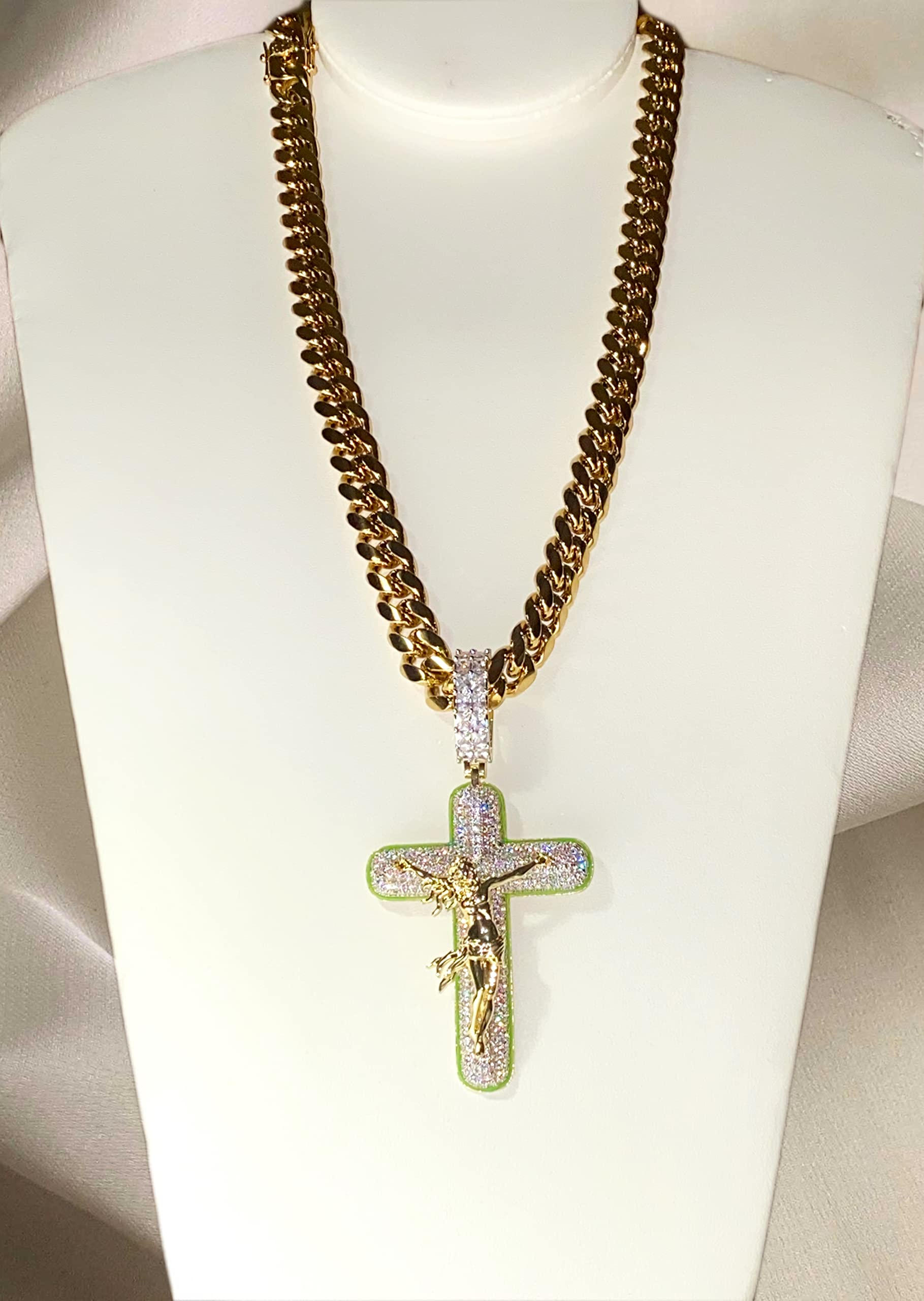 Glow in The Dark Jesus Crucifix Pendant with 14K White Gold Miami Cuban Chain Necklace for Men - 12mm Iced Choker, Silver Dripping Heart Charm, Rapper Style Jewelry - Perfect for Night Out, Gift Giving & Religious Occasions
