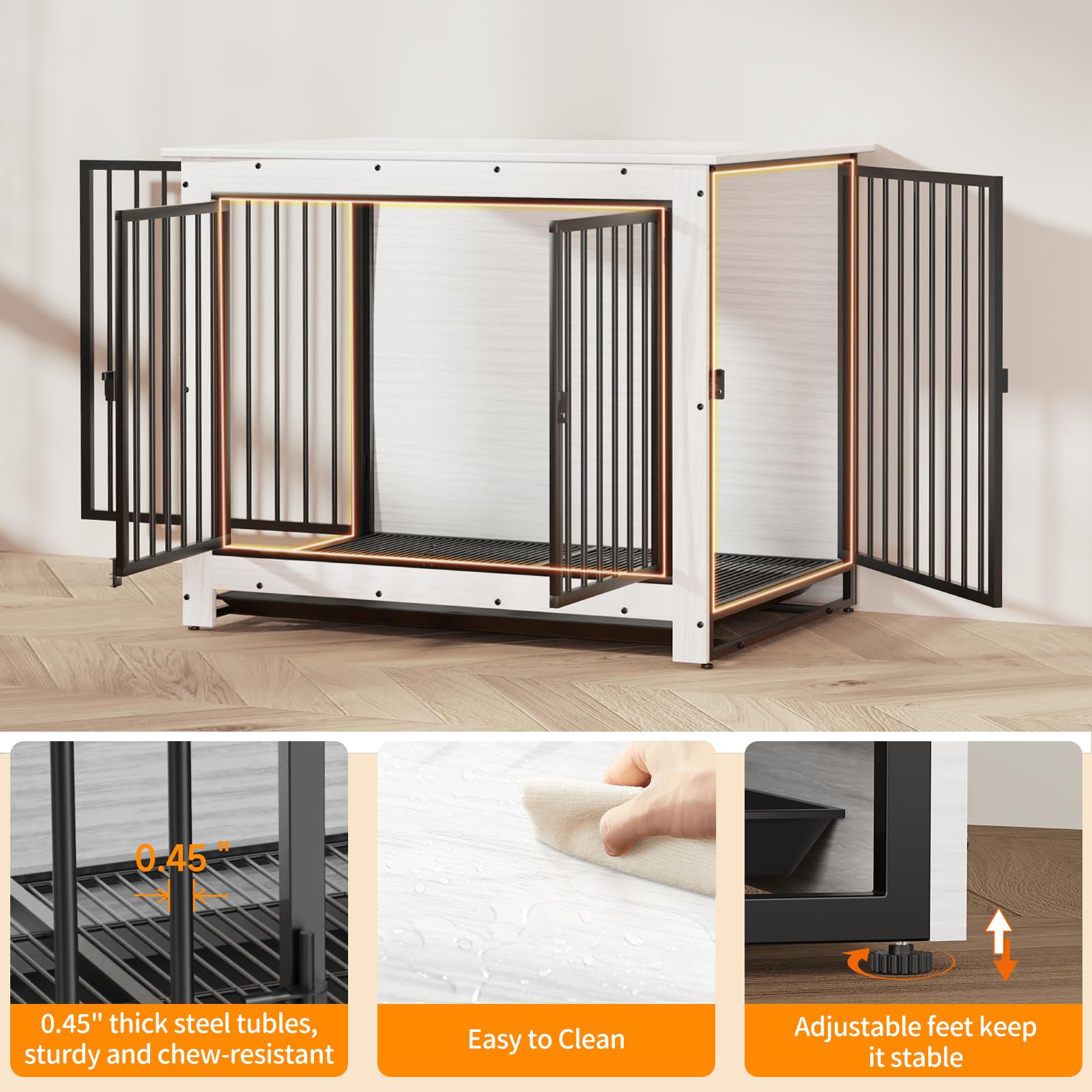 Modern White Wooden Dog Crate Furniture - Large Indoor Kennel with Removable Tray & Double Doors | Multi-Functional End Table for Living Room, Bedroom & Office | Stylish Pet Cage for Medium to Large Dogs