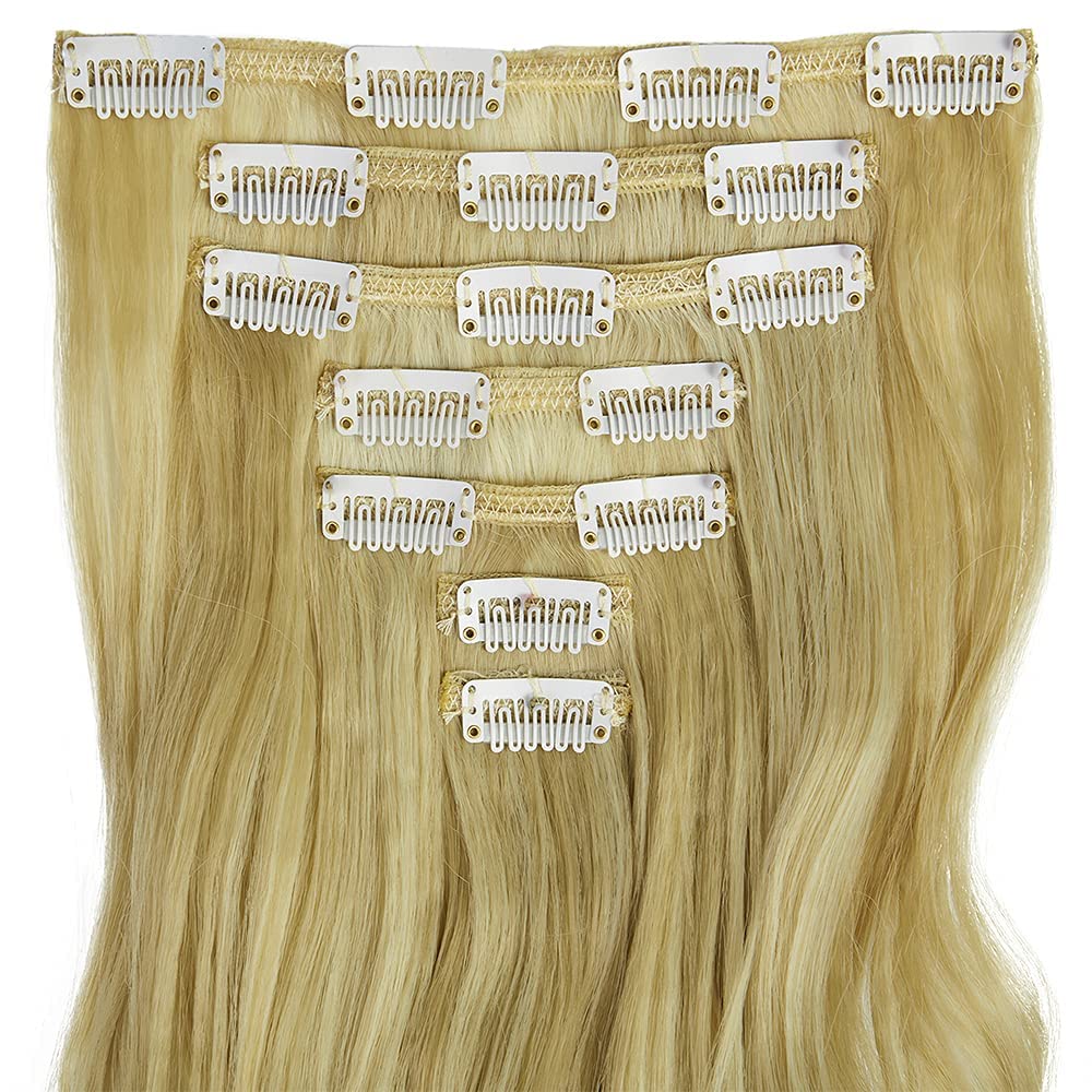 24 Inch Wavy Curly Clip-in Hair Extensions - 7pcs Double Weft Synthetic Hair with 16 Clips | Dark Brown to Bleach Blonde Ombre (160g/set) | Perfect for Parties, Weddings & Daily Styling