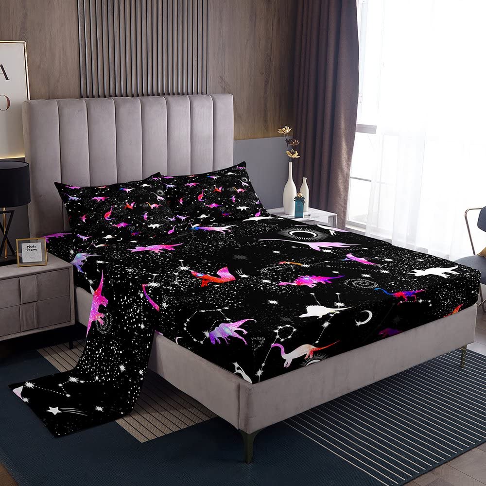 Dinosaur Silhouette Bed Sheet Set for Kids - Pink Tie Dye Dino Print Twin Size 3-Piece Set with Fitted Sheet, Flat Sheet & Pillowcase | Fun Constellation & Galaxy Design for Boys & Girls Bedroom Decor | Perfect for Kids Rooms, Sleepovers & Themed Bedrooms
