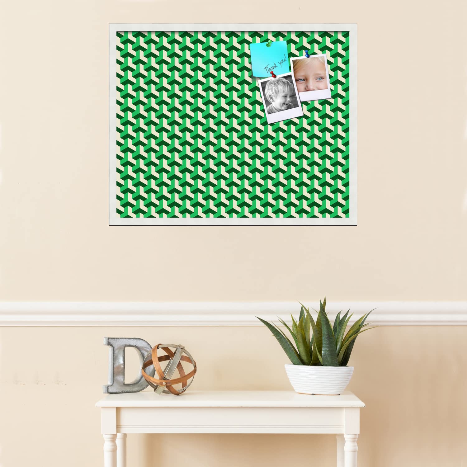 PinPix 30x24 Inch Cork Bulletin Board with BAUS Green Beige Design & Satin White Frame - Decorative Framed Pin Board for Home Office School Decor - Perfect for Notes, Photos, Reminders and Wall Organization