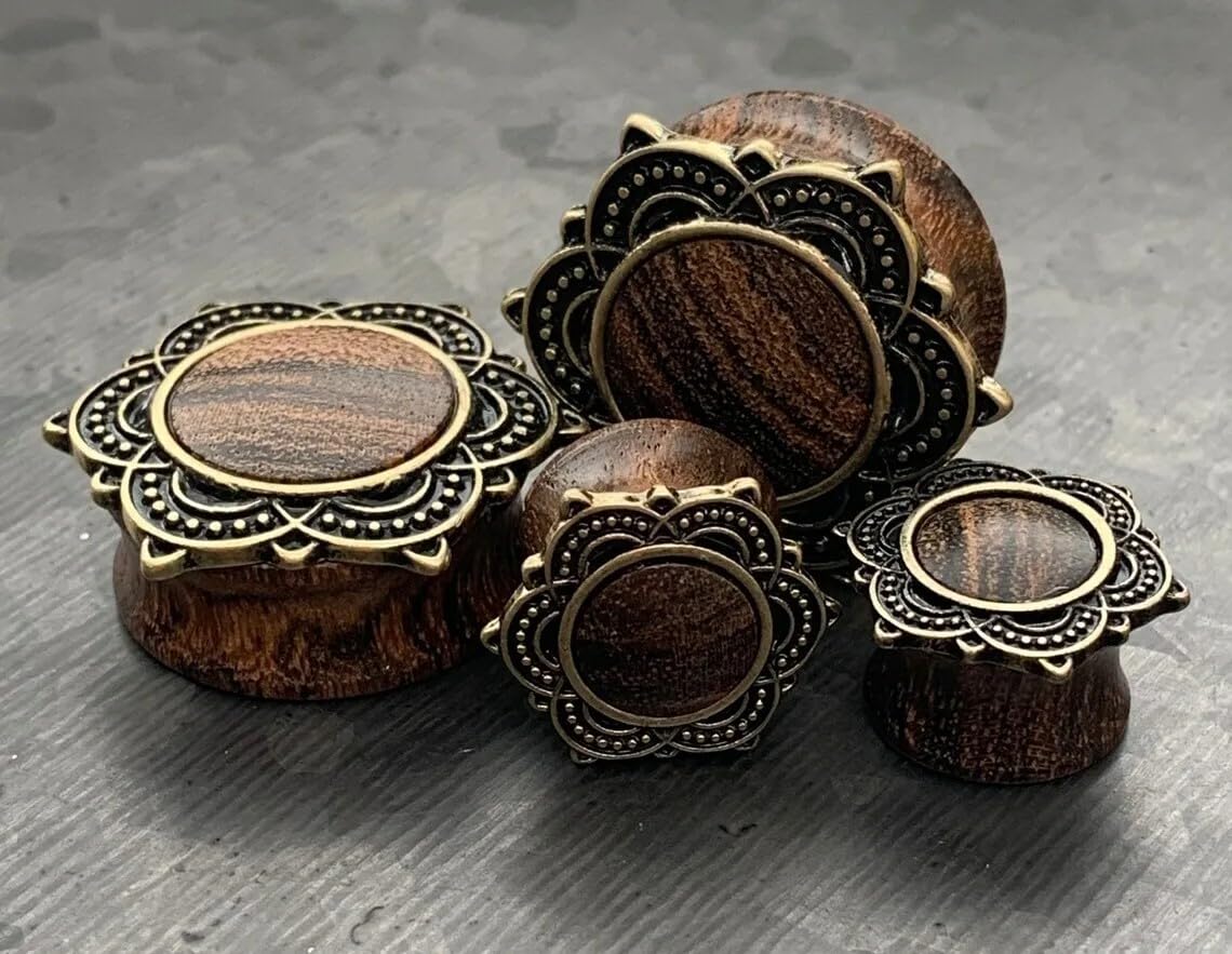 Rose Wood Plugs with Rose of Sharon Top - Organic Wooden Ear Gauges for Stretching - Body Jewelry for Men & Women - Perfect for Everyday Wear, Boho Style & Festival Fashion