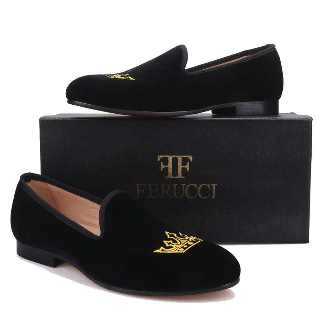 FERUCCI Men's Black Velvet Loafers with Gold Crown - Comfortable House Slippers for Wedding, Prom, Party & Formal Occasions
