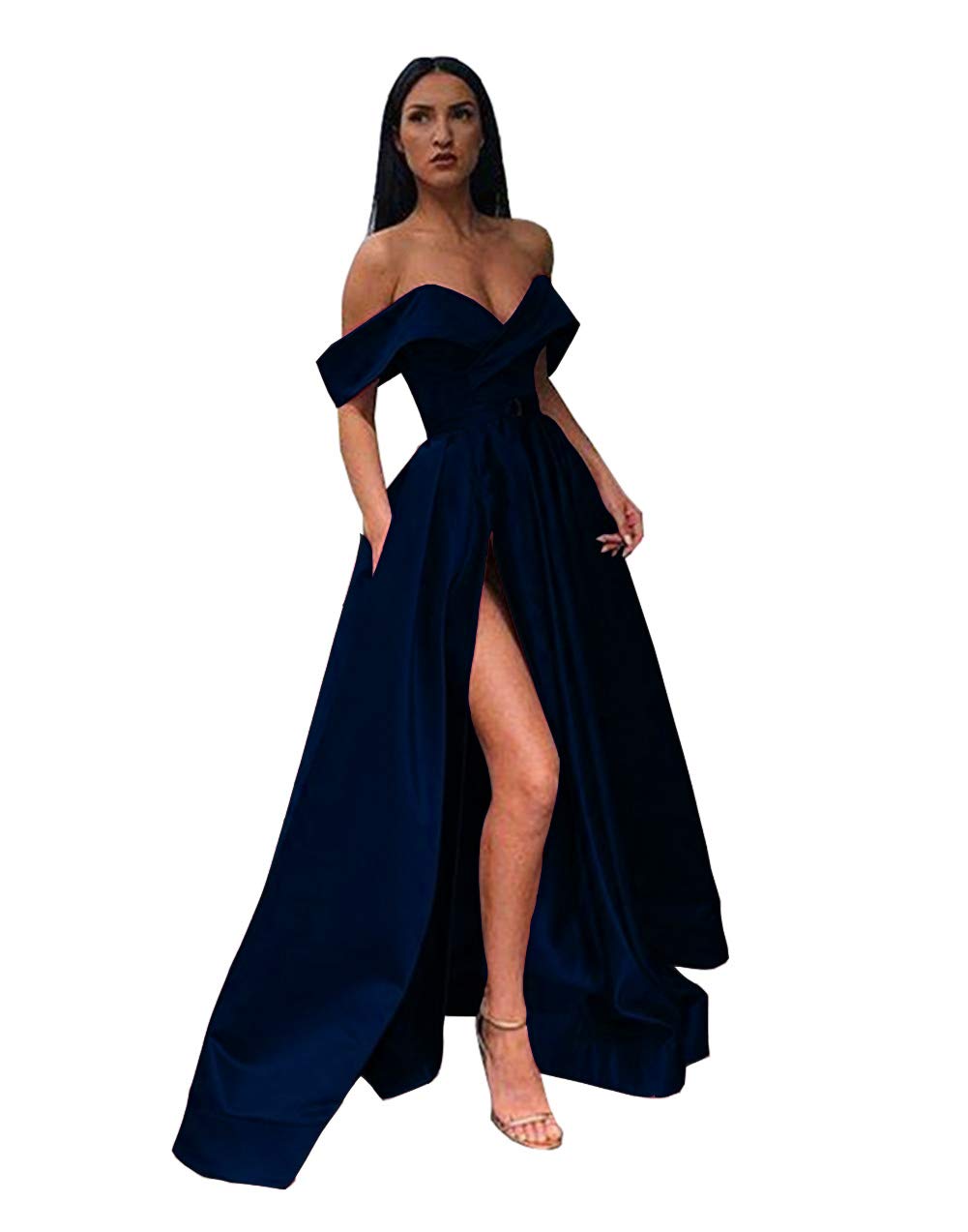 Emanni Women's Navy Blue Off-Shoulder Long Satin Prom Dress with Side Slit - A-Line Evening Gown for Formal Parties, Homecoming, Weddings & Special Occasions