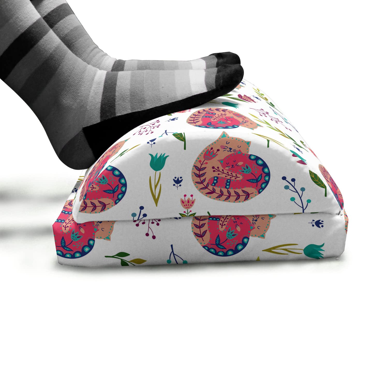 Ambesonne Cat Foot Rest - Adjustable Ergonomic Memory Foam Leg Support with Non-Slip Backing, Scandinavian Style Kitten Family Design with Berries & Flowers on White Multicolor Background - Perfect for Office, Home & Gaming Setup to Reduce Leg Fatigue