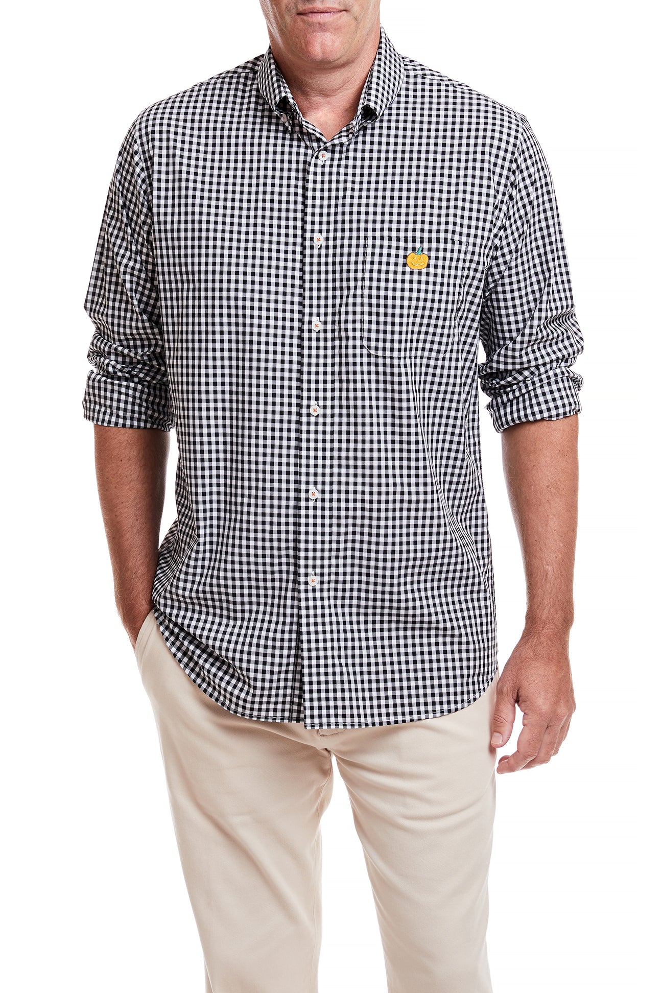 Chase Shirt Wide Gingham Black with Single Jack O'Lantern - Stylish Halloween Button-Up Shirt for Men, Women - Perfect for Costume Parties, Trick or Treating & Fall Festivals