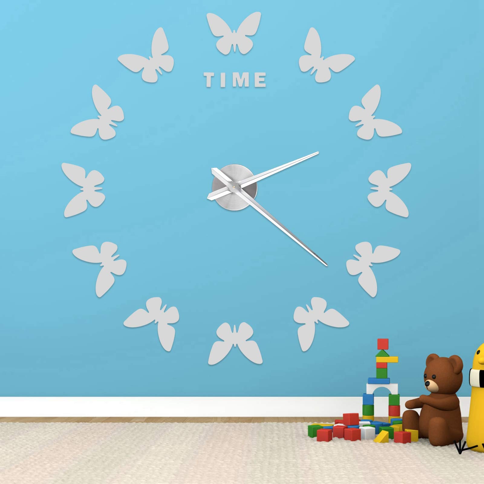 Alvinlite Large Frameless DIY Mirror Wall Clock - Modern Butterfly Art Design for Living Room & Bedroom Decor (Silver) - Perfect for Home, Office, and Gift Giving