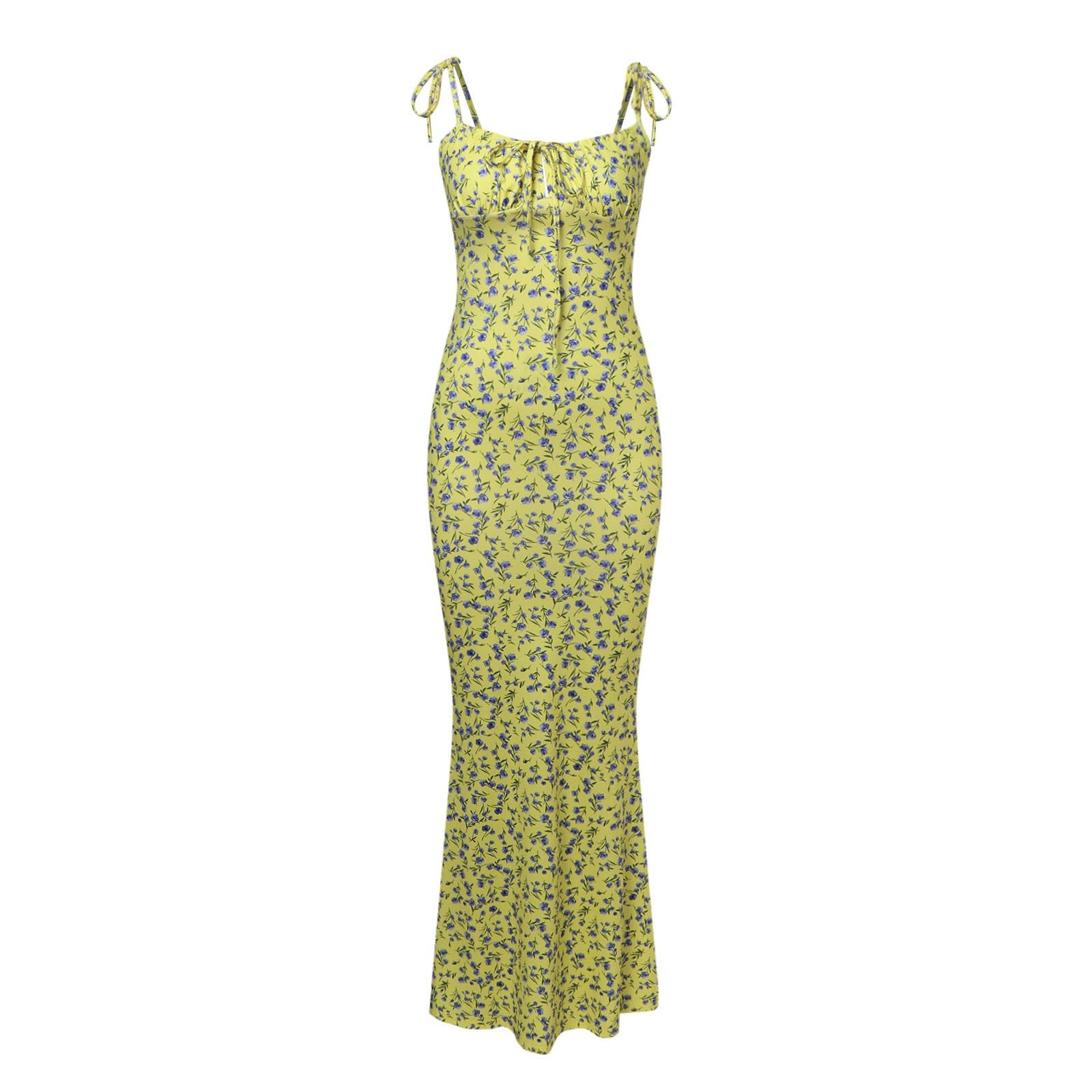 Y2K Floral Print Bodycon Dress for Women - Spaghetti Strap Backless Long Cami Dress with Side Slit | Sleeveless Cocktail Party Dress for Night Out, Date Night, Summer Vacation & Beach Wear