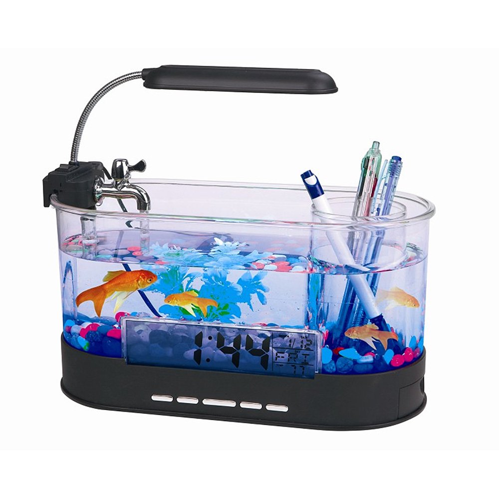 USB桌面水族箱带灯光/时钟/收纳功能，适用于办公桌、卧室、客厅装饰与放松
