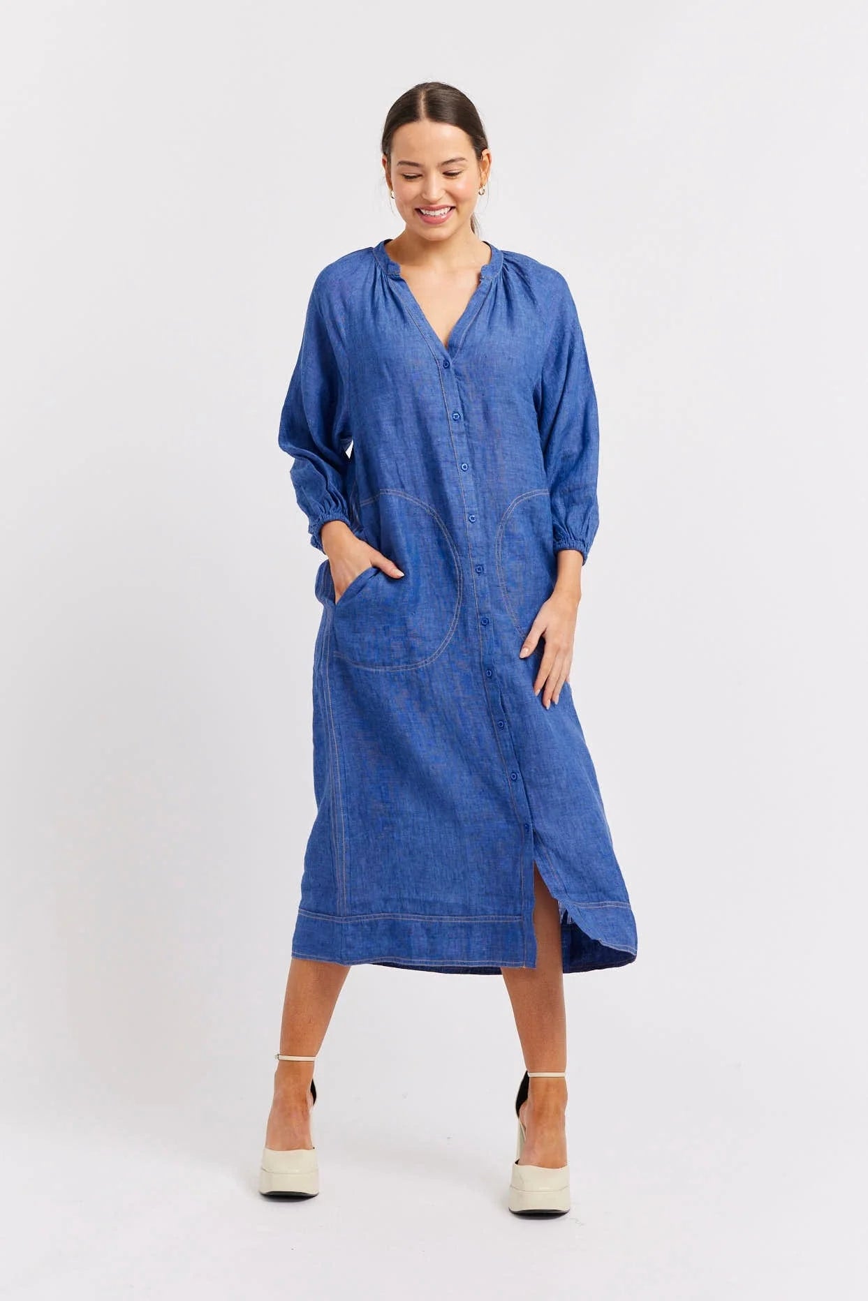 ELSA Linen Dress for Women - Denim Blue Flowy Summer Dress - Perfect for Beach, Vacation & Casual Outings