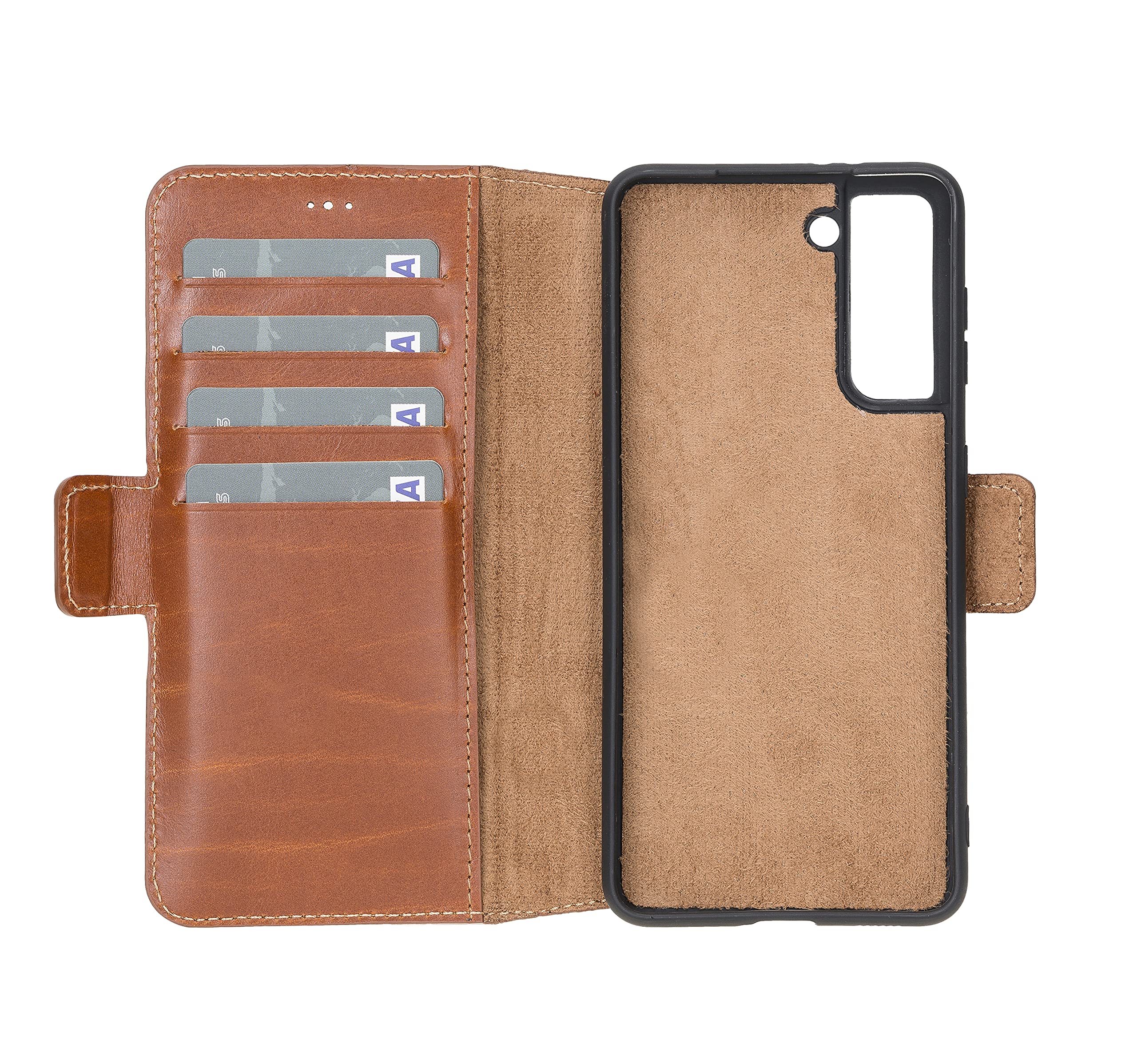 Premium Full Grain Leather Wallet Case for Samsung Galaxy S21 - Magnetic Flip Folio Cover with Card Holder & Kickstand (Rustic Tan) | Business & Travel Protection