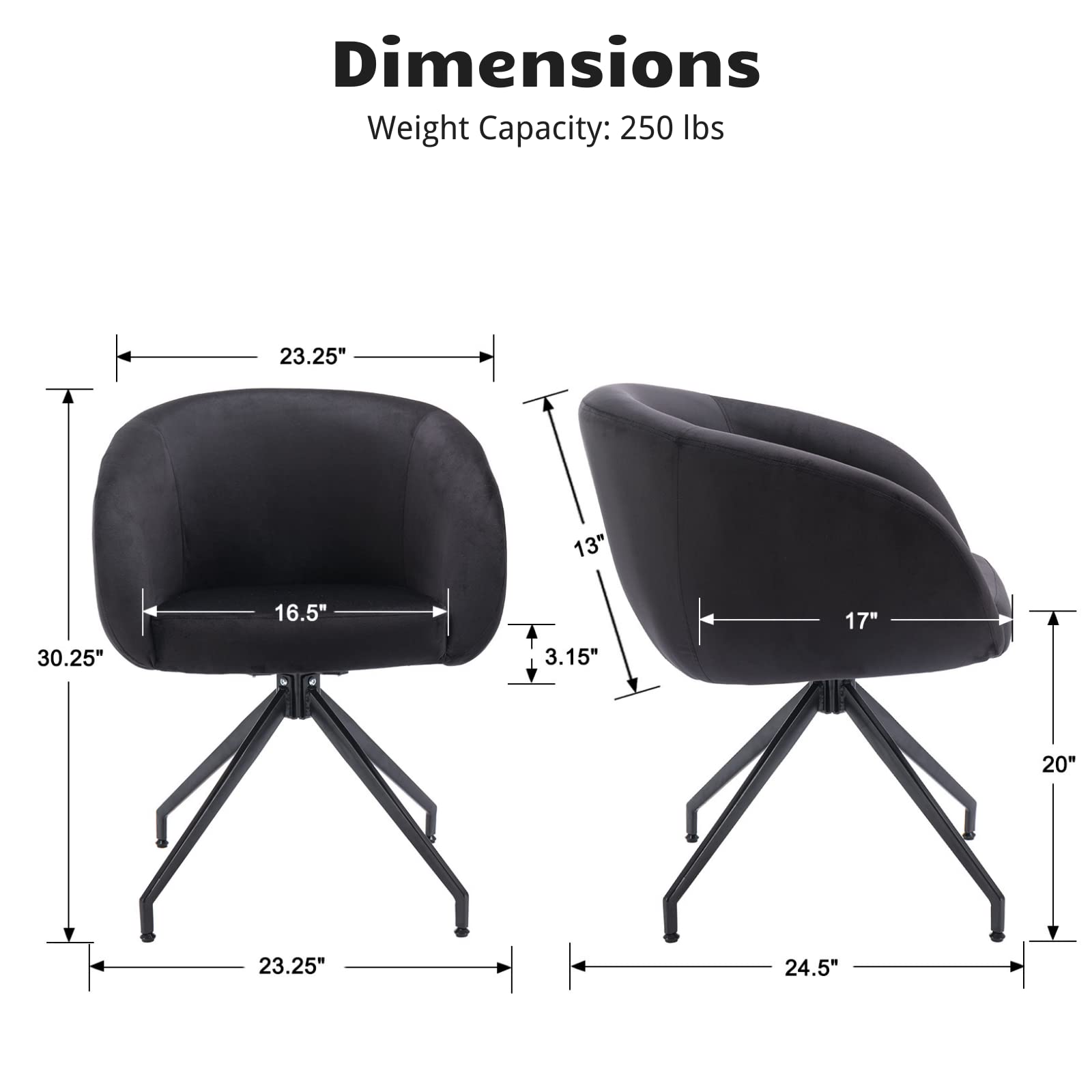 HEAH-YO Swivel Dining Chair - Velvet Barrel Back Side Chair with Solid Metal Legs, Modern Vanity Armchair for Dining Room, Bedroom, Office - Black | Perfect for Small Spaces, Breakfast Nooks & Makeup Areas