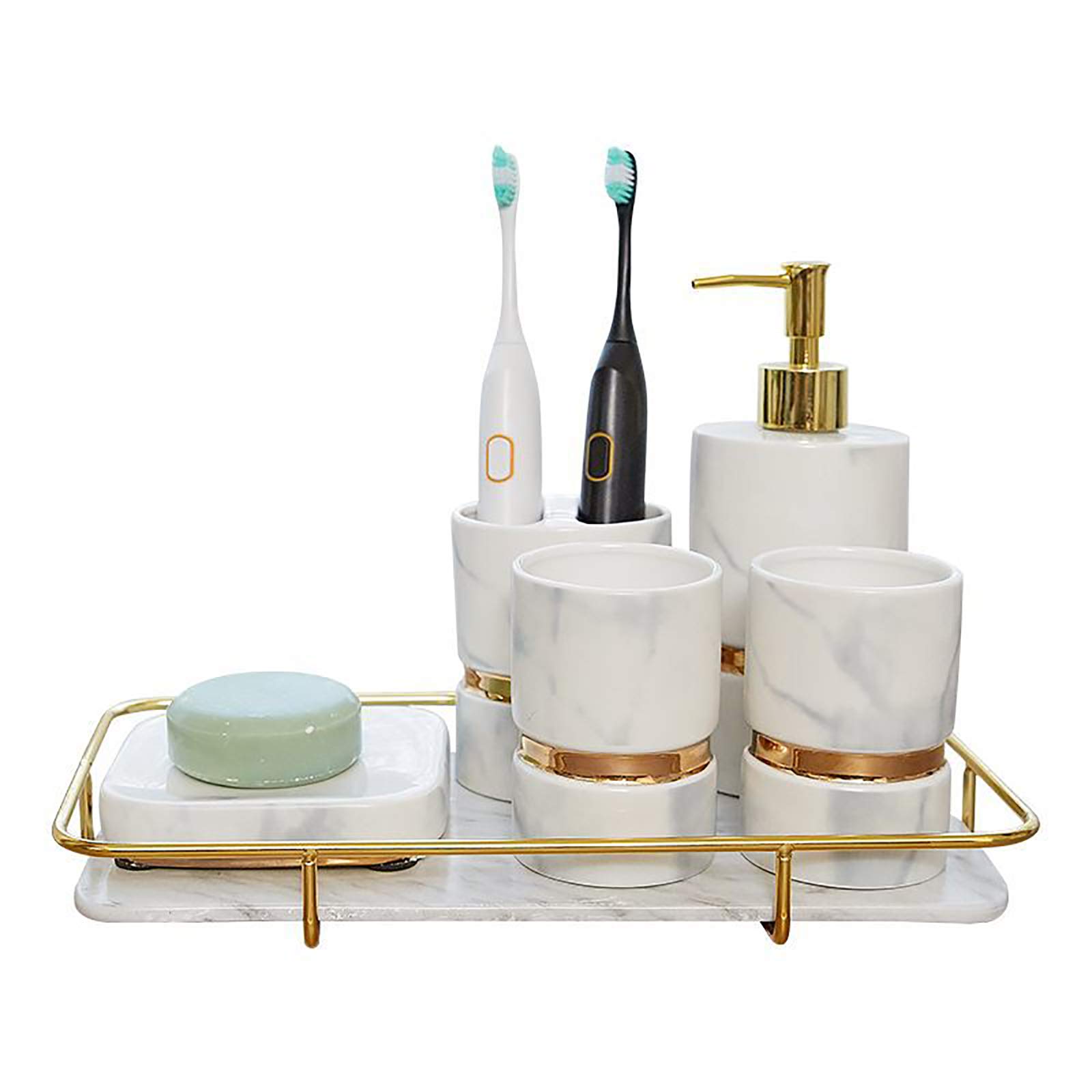 Premium 5-Piece Marble Bathroom Accessories Set - Soap Dispenser, Toothbrush Holder, Tumbler & Soap Dish | Modern Countertop Organizer for Spa-Like Luxury Bathroom Decor (White) - Perfect for Master Bath, Guest Bath & Hotel Style Vanities