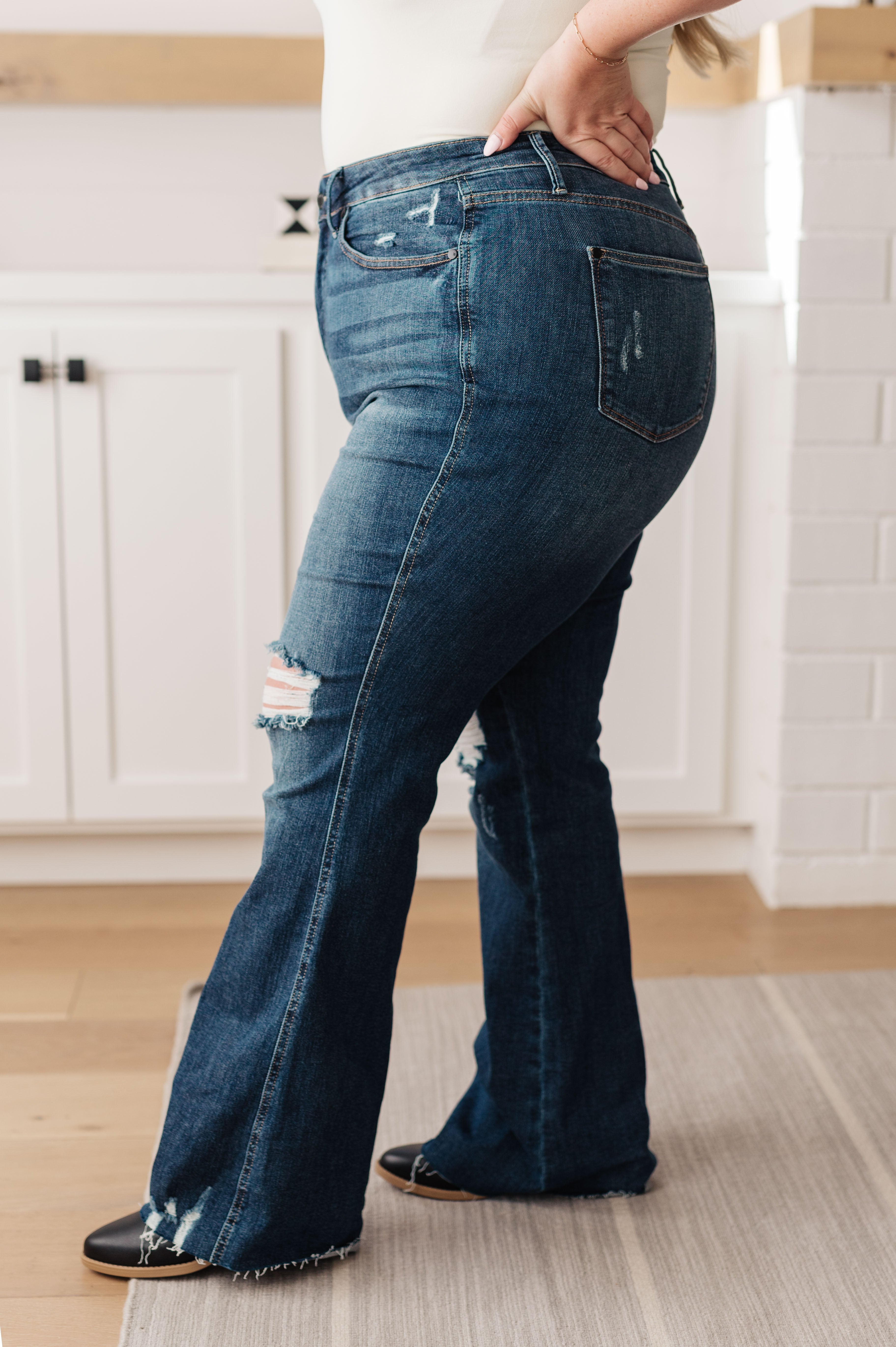 Cassandra High Rise Control Top Distressed Flare Jeans for Women - Vintage Stretch Denim Pants with Tummy Control | Perfect for Casual Outfits, Date Nights & Boho Style