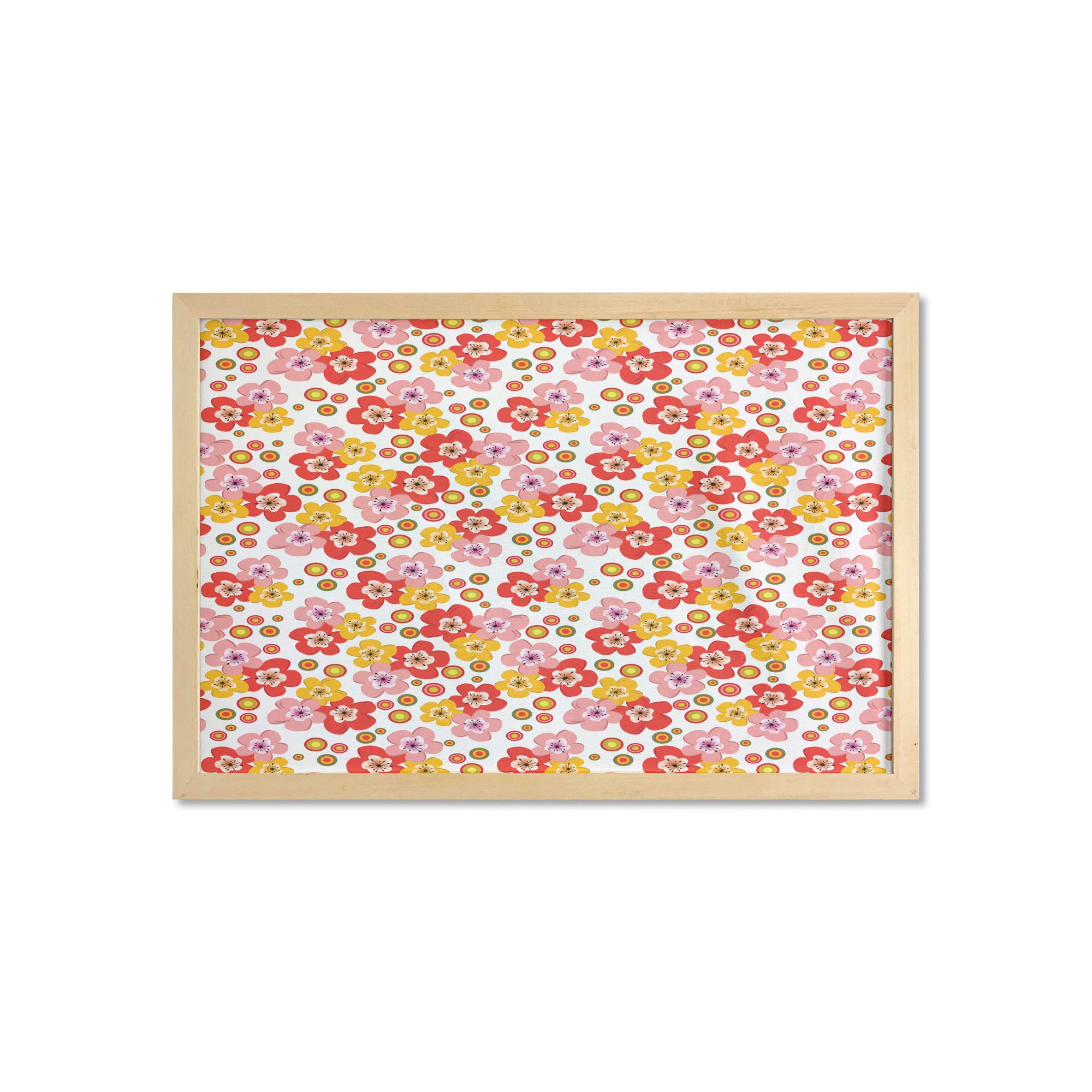 Ambesonne Floral Wall Art with Frame - Colorful Spring Flowers & Concentric Dots Print - Warm Tone Fabric Poster for Bathroom, Living Room, Bedroom, Dorm Decor - 35