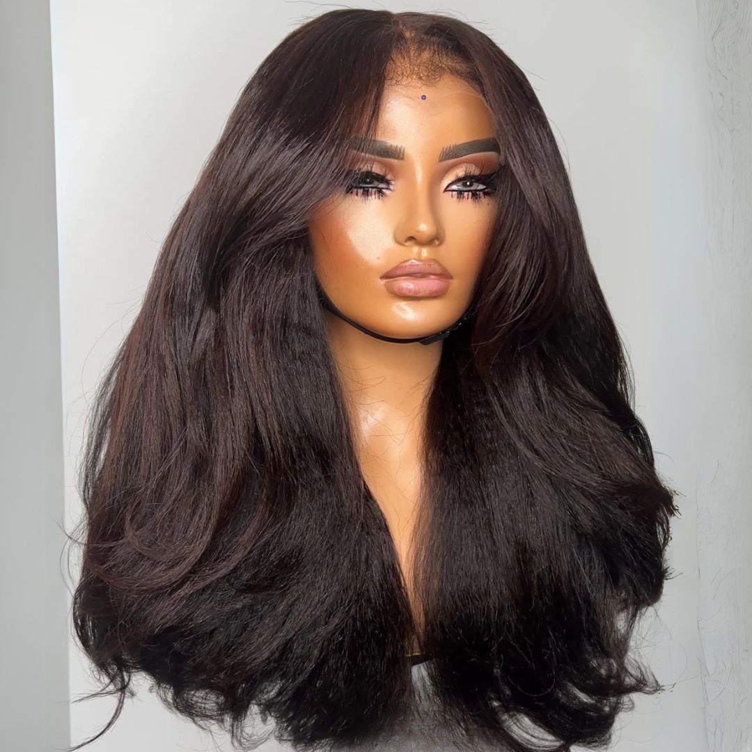 Eullair 13x4 Lace Front Wig - Two Tone Chocolate Yaki Straight Human Hair Wig with Curtain Bangs & Layered Cut | Custom Color | Perfect for Daily Wear, Cosplay & Special Occasions