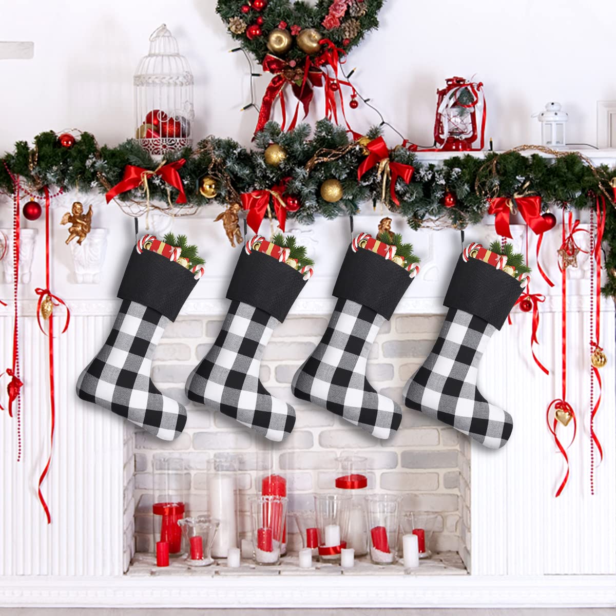 8 Pack Christmas Stockings - 18 Inch Buffalo Plaid Personalized Stockings for Family Holiday Decor, Xmas Party Supplies (Black Cuff/Black White Plaid) - Perfect for Fireplace Mantel, Gift Exchange & Festive Home Decor