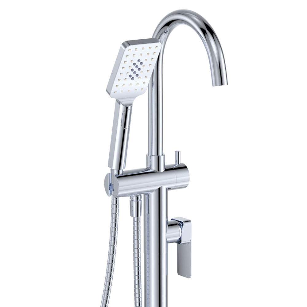 Fienza Tono Floor Mounted Bath Mixer with Hand Shower - Chrome Finish | Modern Bathroom Faucet for Freestanding Tubs & Luxury Spa Experience