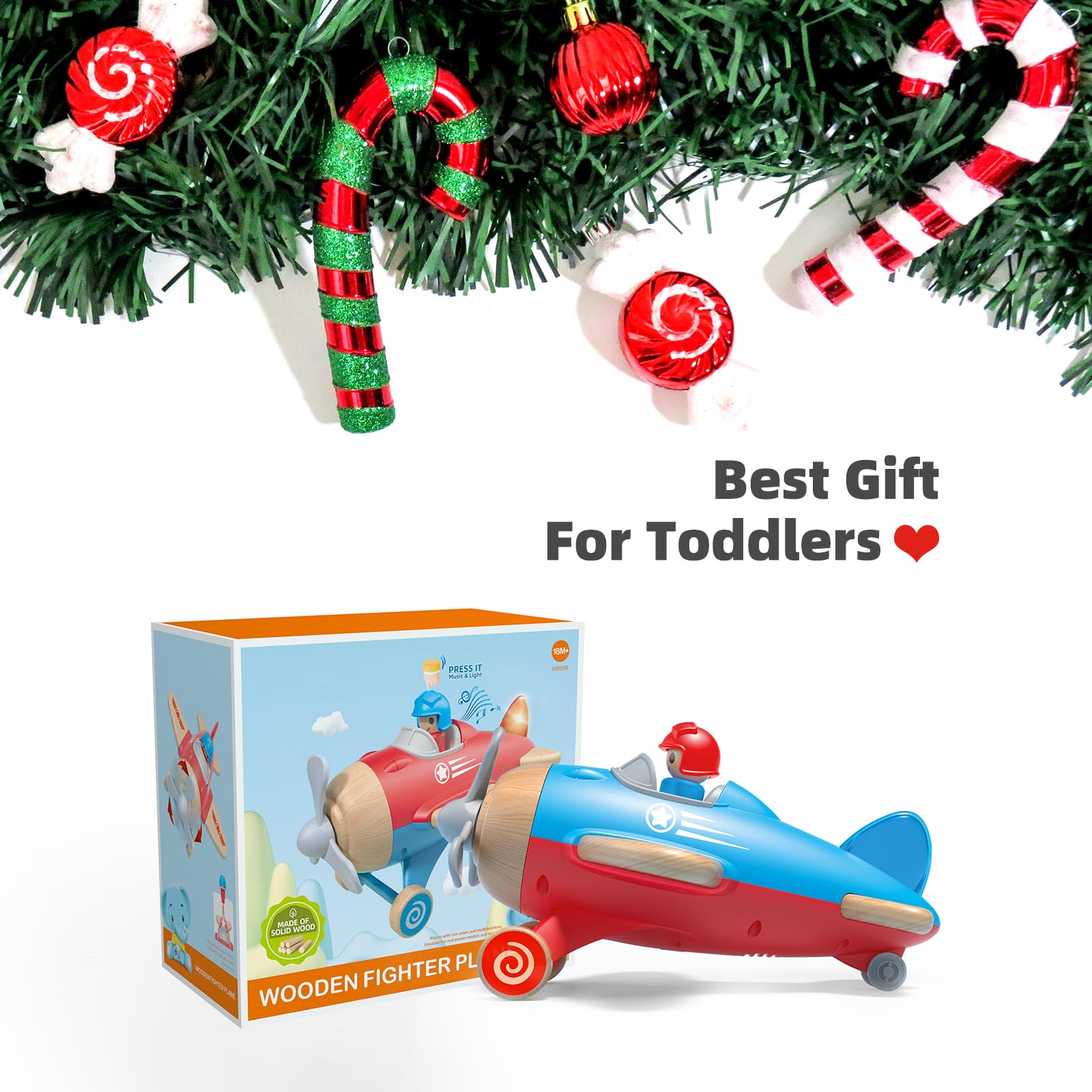 Wooden Airplane Toy for Kids - Educational Aviation Learning Toy with Sound & Light Effects, Wooden Truck Vehicle for Boys & Girls Ages 18 Months to 5 Years - Perfect for Pretend Play, STEM Learning & Birthday Gifts