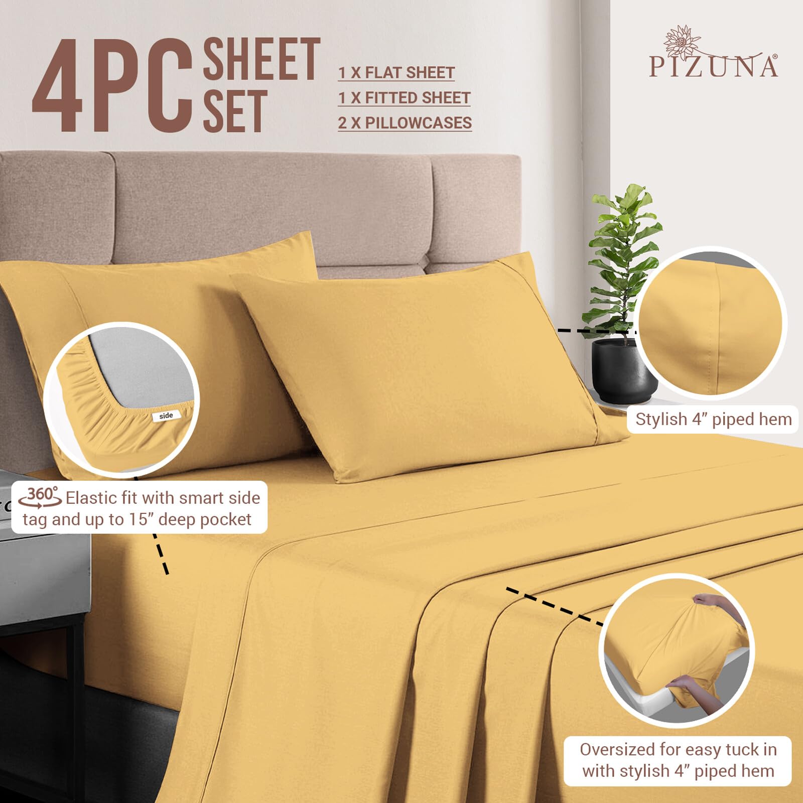 Pizuna Pure 100% Cotton King Size Sheets - 400 Thread Count Luxury Long Staple Sateen Weave - Fits 15