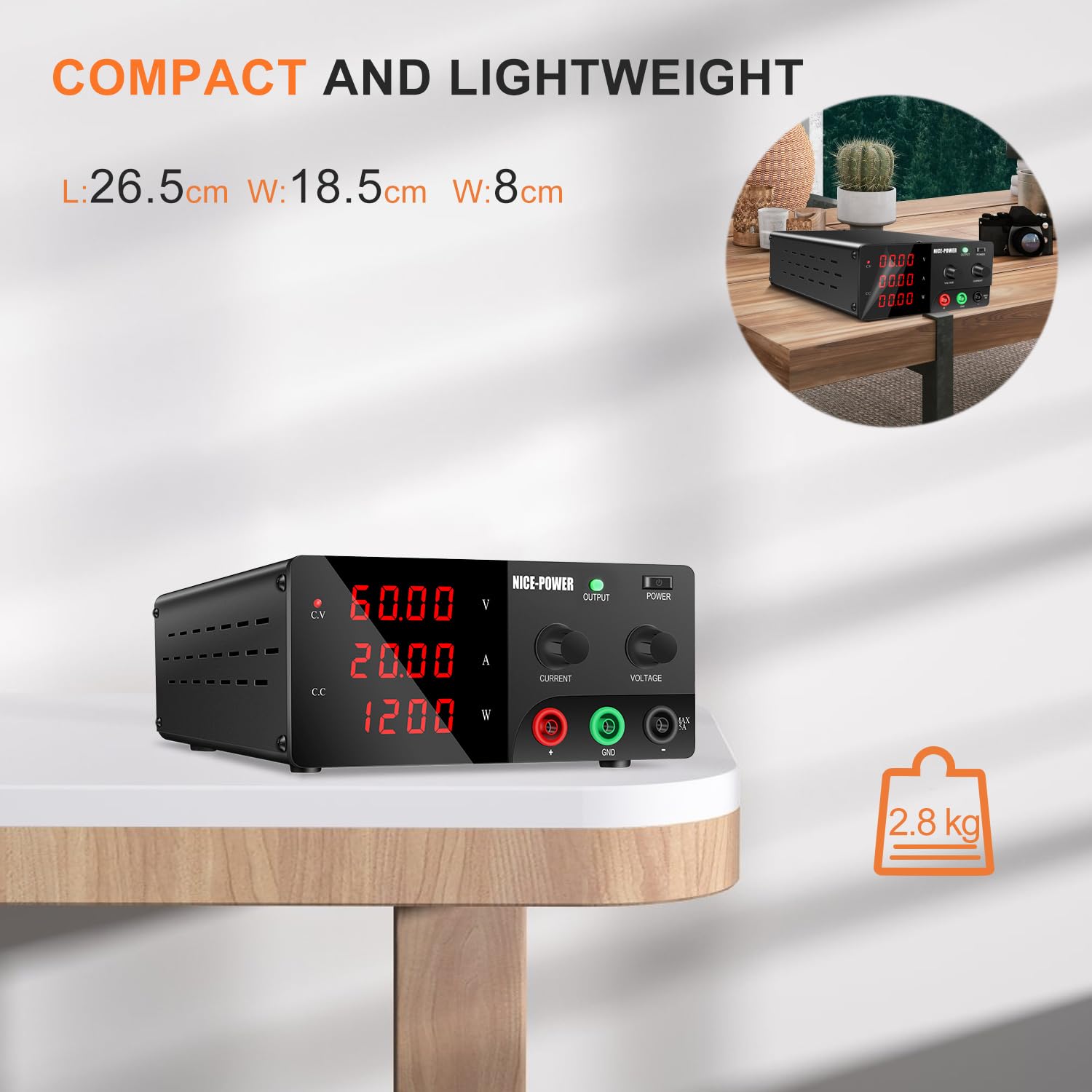 NICE-POWER 60V 20A 1200W Adjustable DC Power Supply with Encoder Knob & Output Switch - High Precision Variable Bench Power Supply for Electronics Repair, Lab Testing, and DIY Projects
