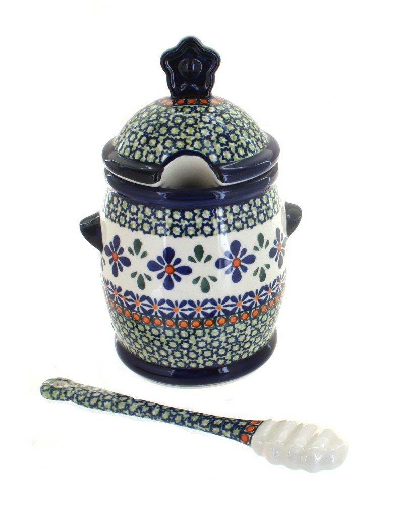 Blue Rose Polish Pottery Mosaic Flower Honey Pot with Dipper - Handcrafted Ceramic Honey Jar for Tea, Coffee & Breakfast - Perfect for Kitchen, Dining Table & Gift Giving